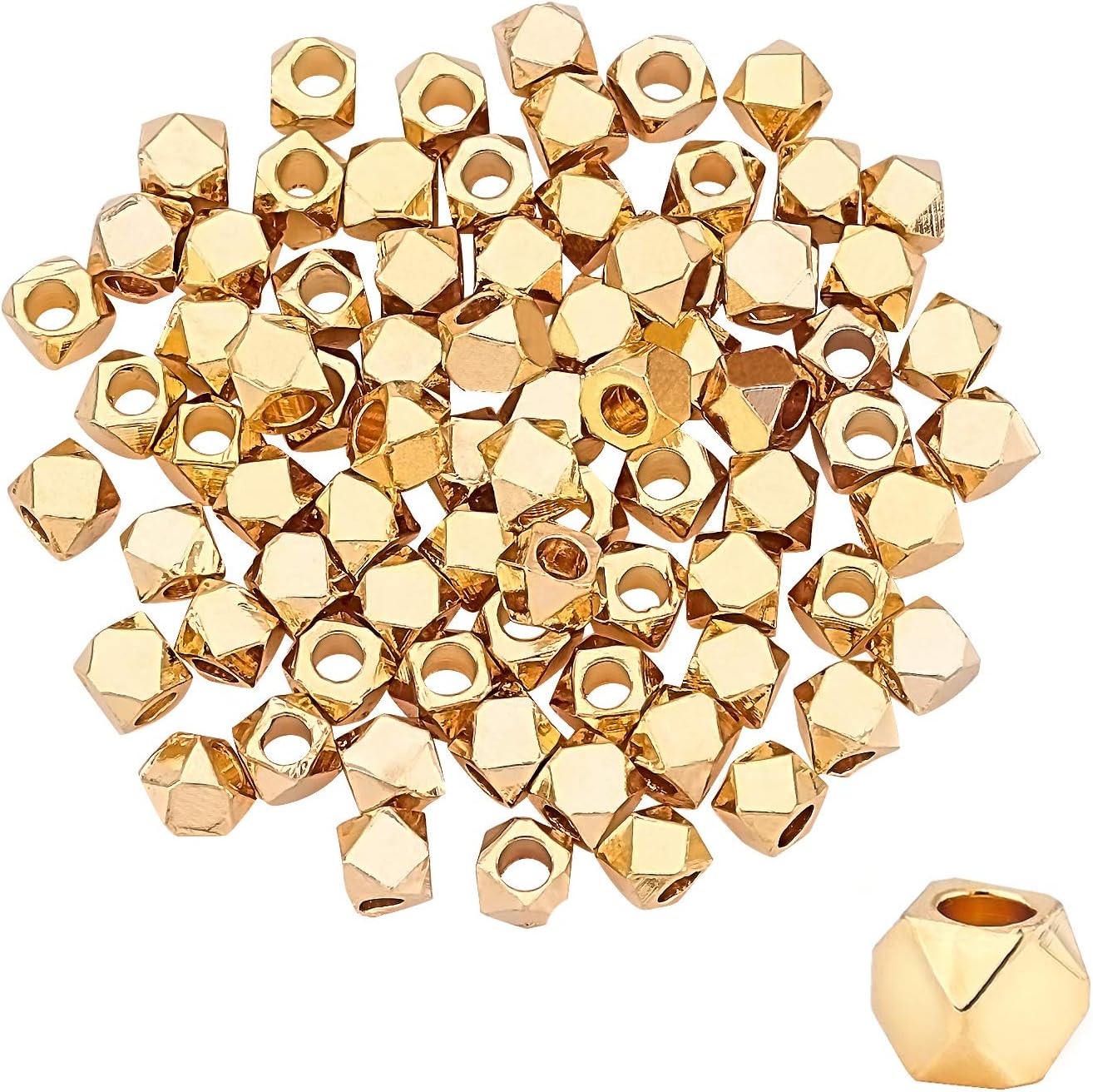PH PandaHall 100 Cube Spacers Beads, Brass Gold Cornerless