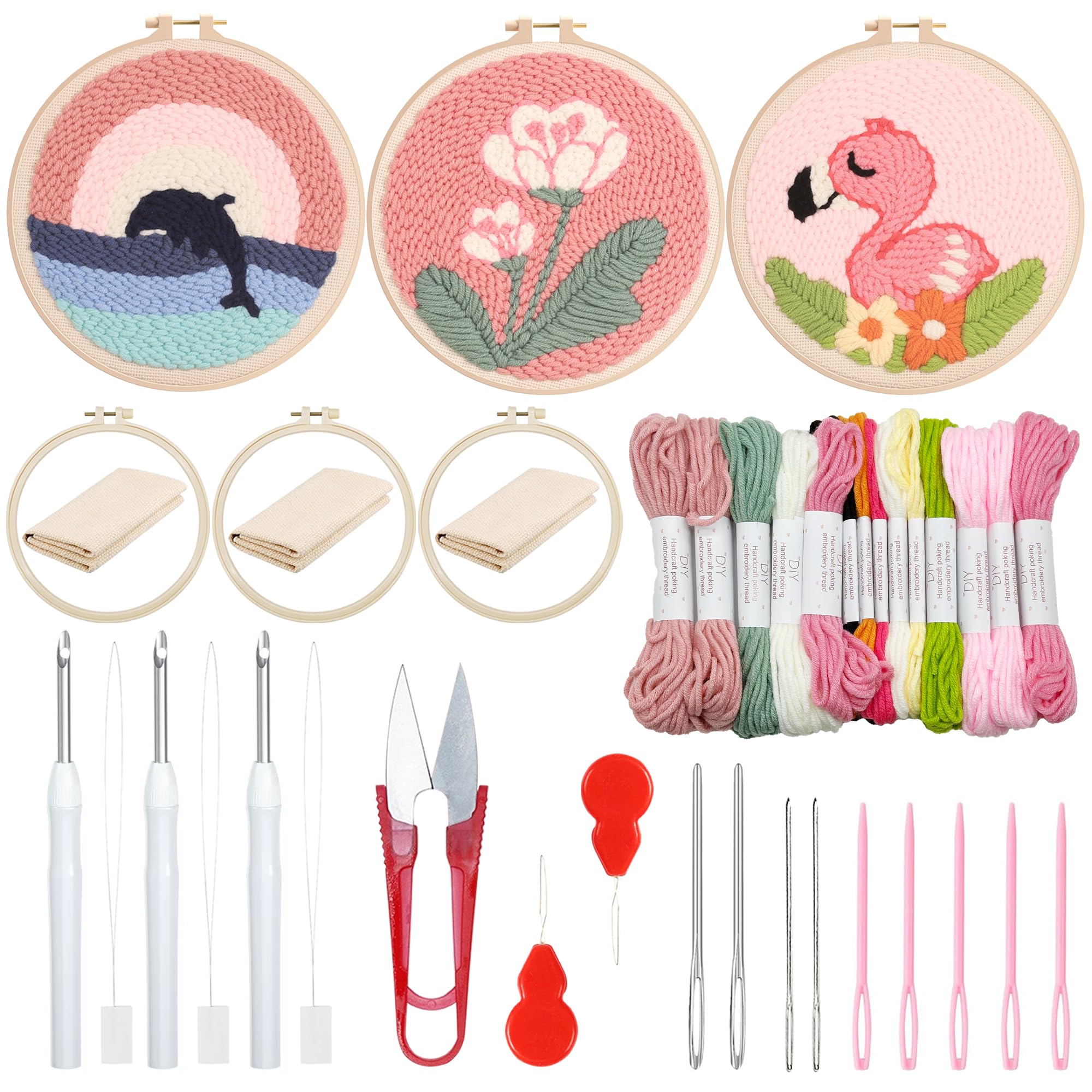 Woohome 3 Stück Punch Needle Anfänger Stickerei Set, Punch Needle Stoff mit Muster, Stickrahmen, Fäden, Anleitung für Kunsthandwerk (Wale, Blumen, Vogel)