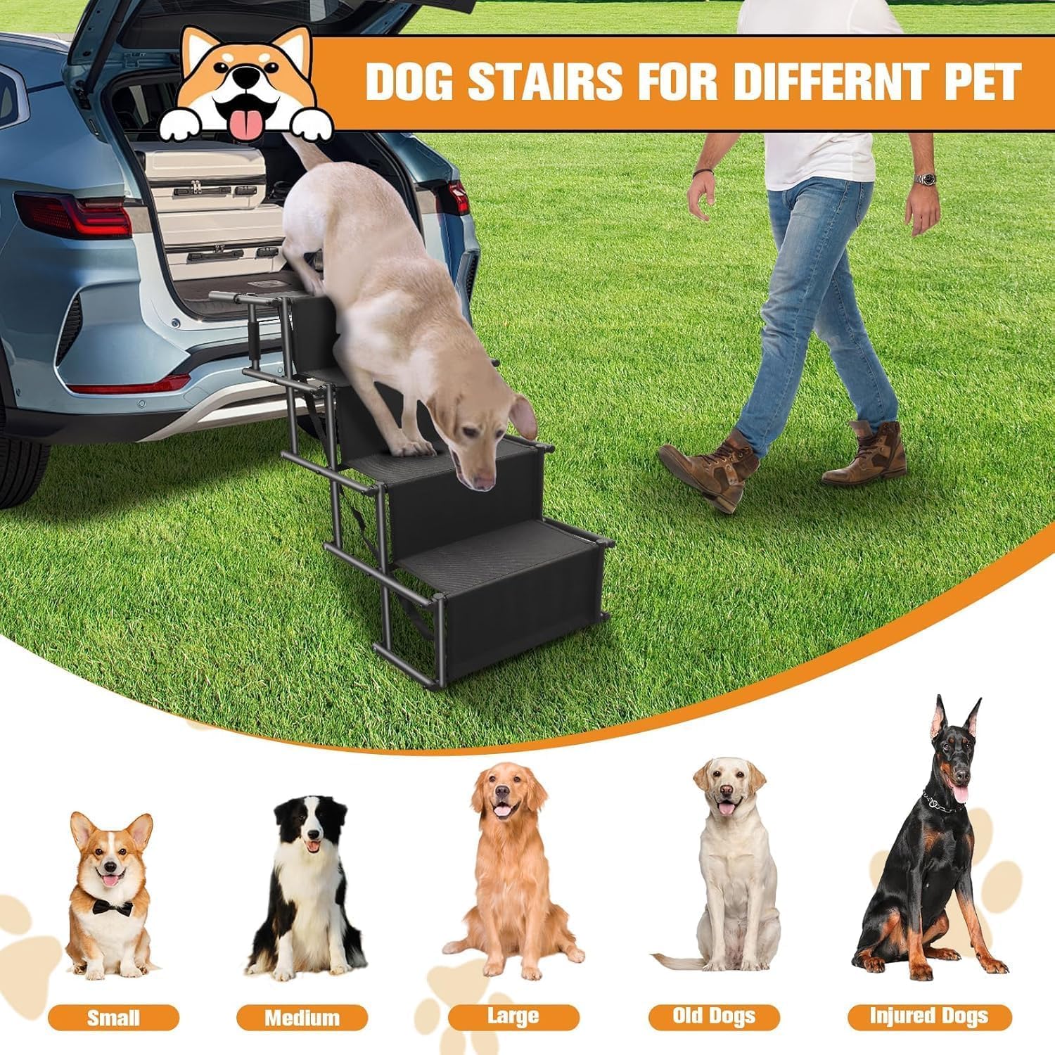 Rampa per Cani Pieghevole,Scaletta per Cani 4 Gradini,Rampa per Cani Auto,Fino a 80kg,Scala per Cani di Taglia Grande con Superficie Antiscivolo,per Tutti i Veicoli,per Grandi e Piccoli Cani (nero, L)
