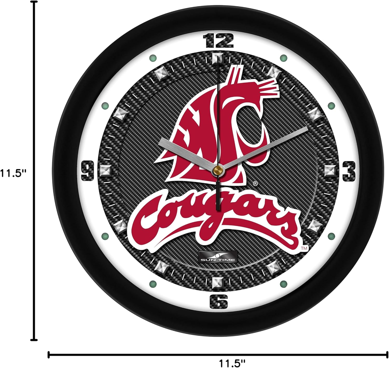 SunTime Washington State Cougars Wall Clock, Printed Carbon Fiber Team Art, Silent Non-Ticking Quartz Movement, 11.5"