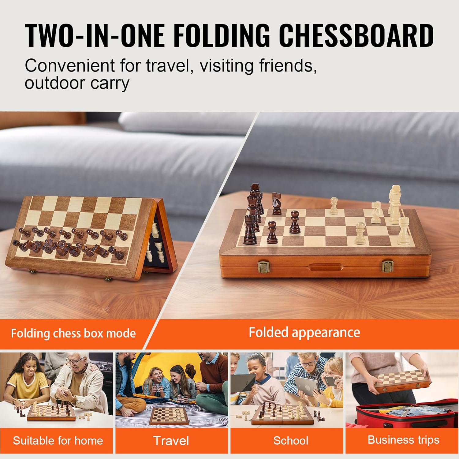 Happybuy 15-Inch Magnetic Wooden Chess Set, 2-in-1 Checkers & Chess Game for Adults & Kids, Folding Travel Chess Board with 2 Queens, Portable Tournament Set for Beginners and Professionals