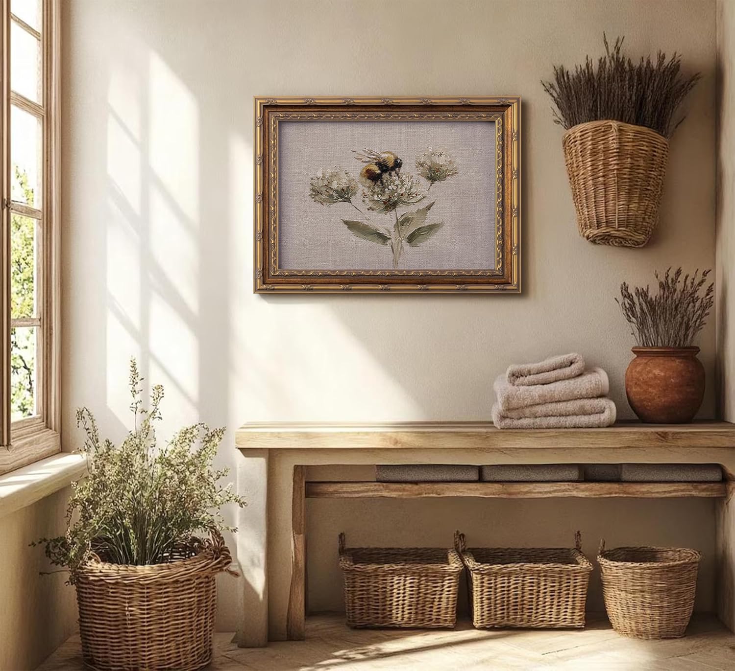 CXYWDHVO Vintage Gold Framed Textured Honeybee Canvas Wall Art, Muted Florals ＆ Bee Prints, Antique Elegant Insect Picture Wall Decor, for Hallway Bedroom Living Room Nursery 12x16 Inch