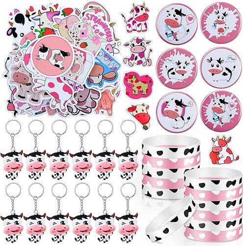 Los suministros de recuerdos de fiesta de vaca incluyen pulseras de silicona de vaca, llavero de vaca, insignias de pin de vaca y calcomanías de