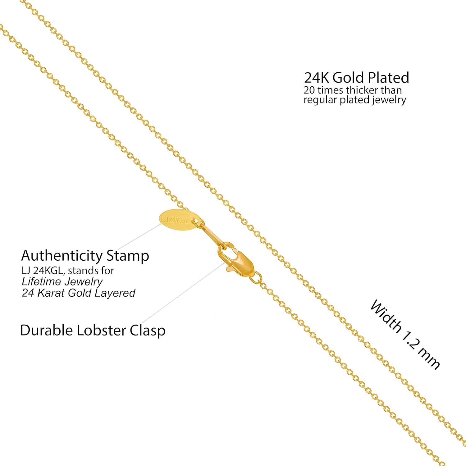 LIFETIME JEWELRY 1.2mm Cable Link Chain Necklace for Women and Men 24k Gold Plated