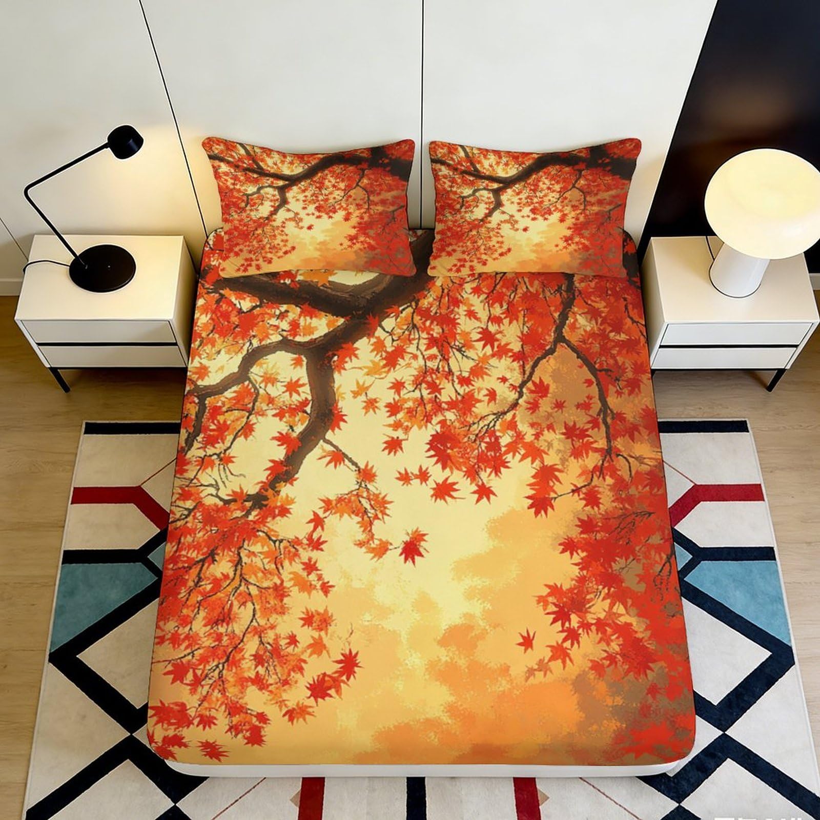 3D Printed Autumn Maple Tree Fitted Sheet Microfiber Soft Orange Bedroom Decor Mattress Cover for Home Guest Room 90x200x25cm