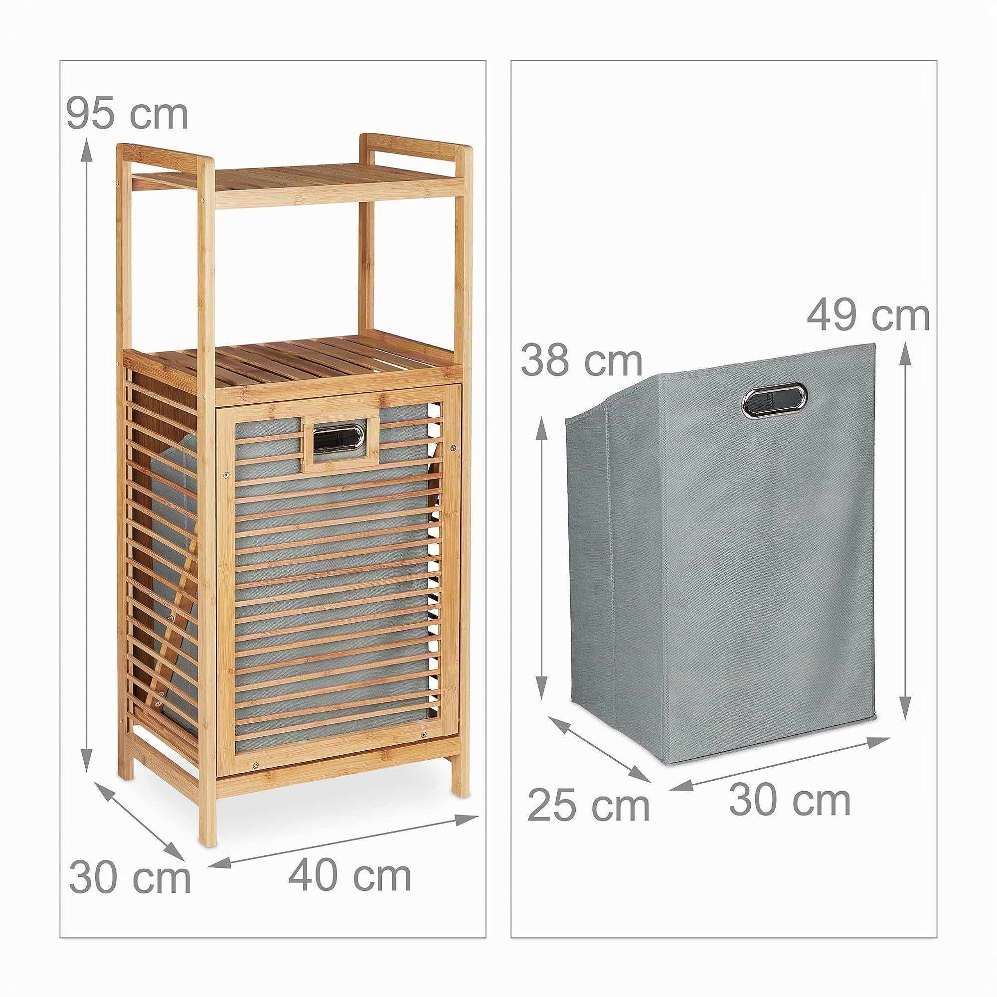 Relaxdays Scaffale con Portabiancheria, Cestino Pieghevole in Tessuto, Mobile in bambù, HLP 95x40x30 cm, Naturale/Grigio