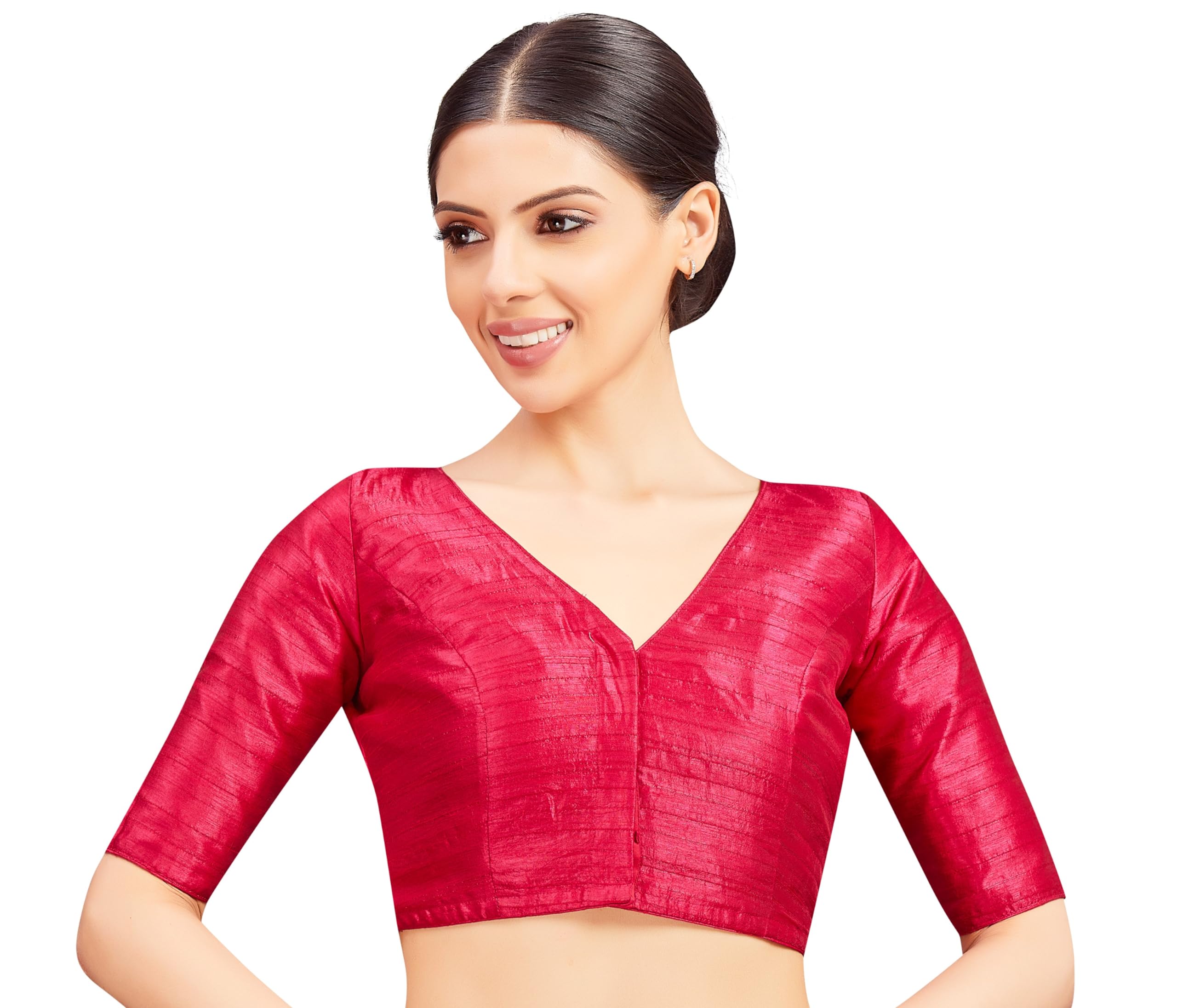 Studio ShringaarWomen Readymade Raw Silk V Neck Saree Half Sleeve Blouse