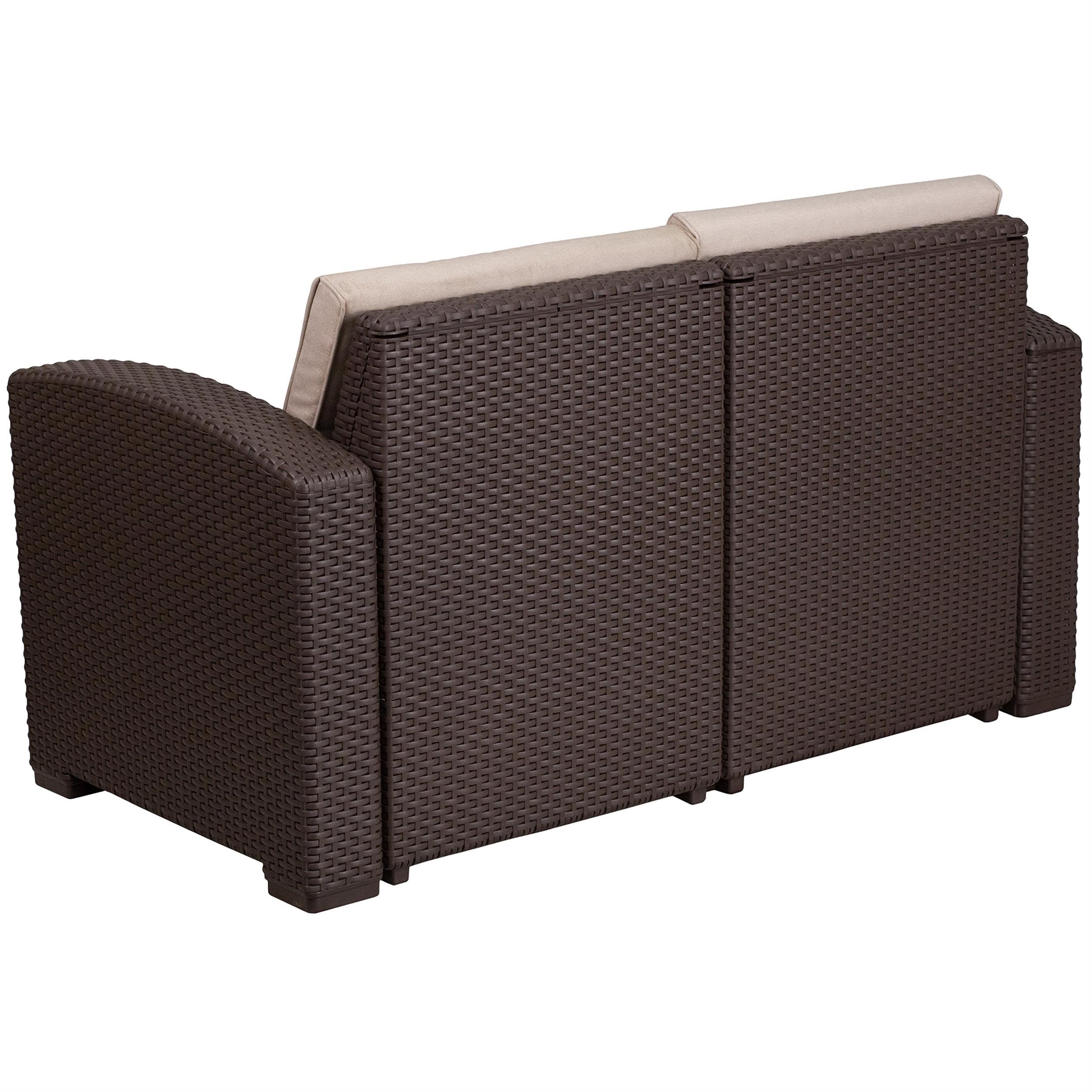 Flash Furniture Divanetto Seneca in finta rattan marrone cioccolato con cuscini beige resistenti a tutte le condizioni atmosferiche