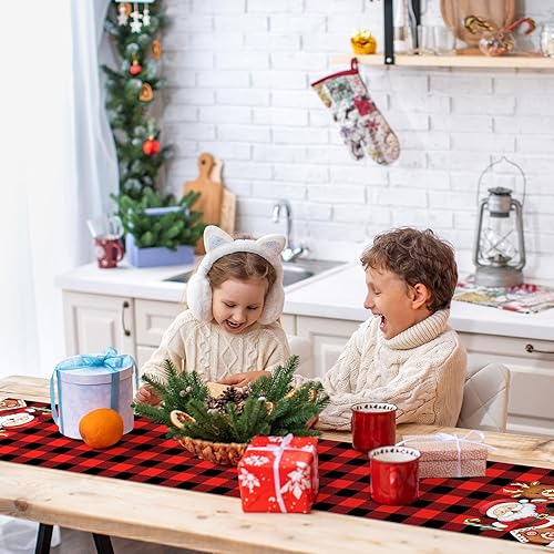 Miniatura 5 de Camino de mesa de Navidad de 72 x 13 pulgadas, decoración de mesa de lino a cuadros rojos con patrón de reno de Papá Noel para fiestas temáticas de
