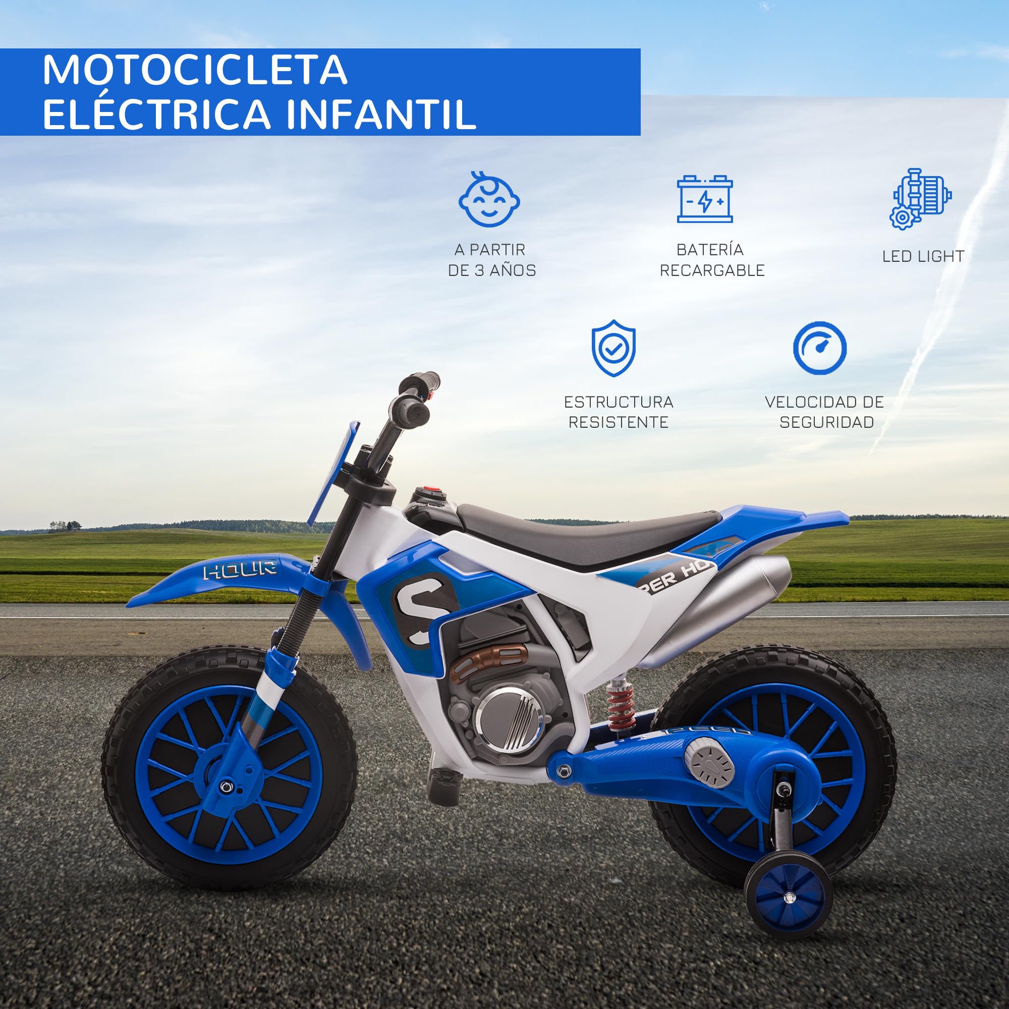 HOMCOM Moto Eléctrica para Niños de +3 Años 12V Moto de Juguete Infantil con 2 Ruedas de Equilibrio Velocidad Máx. 8 km/h Arranque Suave 106,5x51,5x68 cm Azul