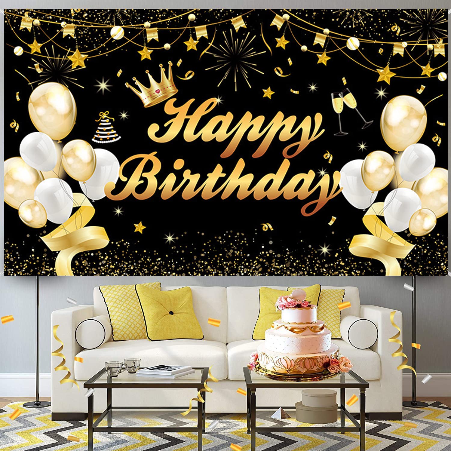 Schwarz-goldener Geburtstag Hintergrund 3x2,5 M – Mit Glitzersternen Für Foto-Shootings & Party-Deko