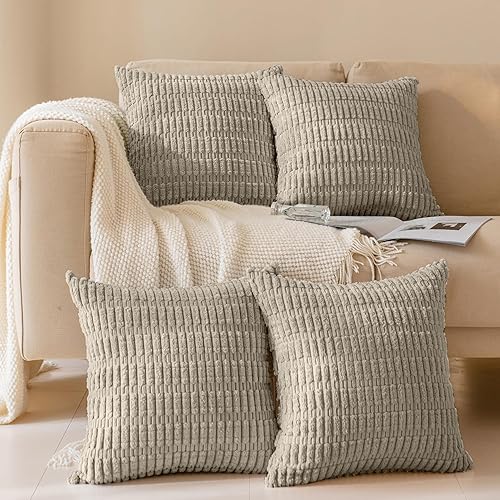 Miniatura 8 de Softalker Juego de 4 fundas de almohada de pana suave a rayas bohemias de 22 x 22 pulgadas, fundas decorativas modernas para sofá, dormitorio y sala