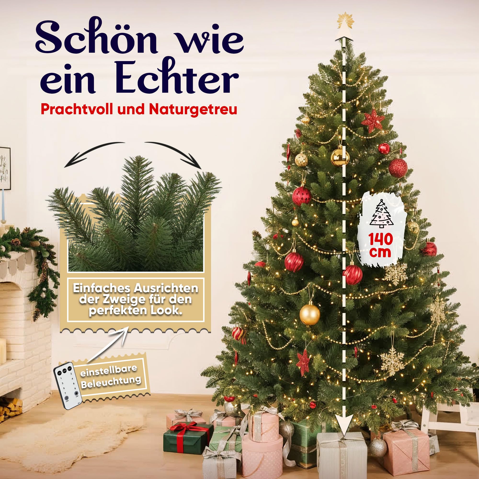 Premium Weihnachtsbaum künstlich 180cm - mit Holzständer, Nordmanntanne, Künstlicher Tannenbaum, Naturgetreu, dichte Zweige (140 cm mit LED)