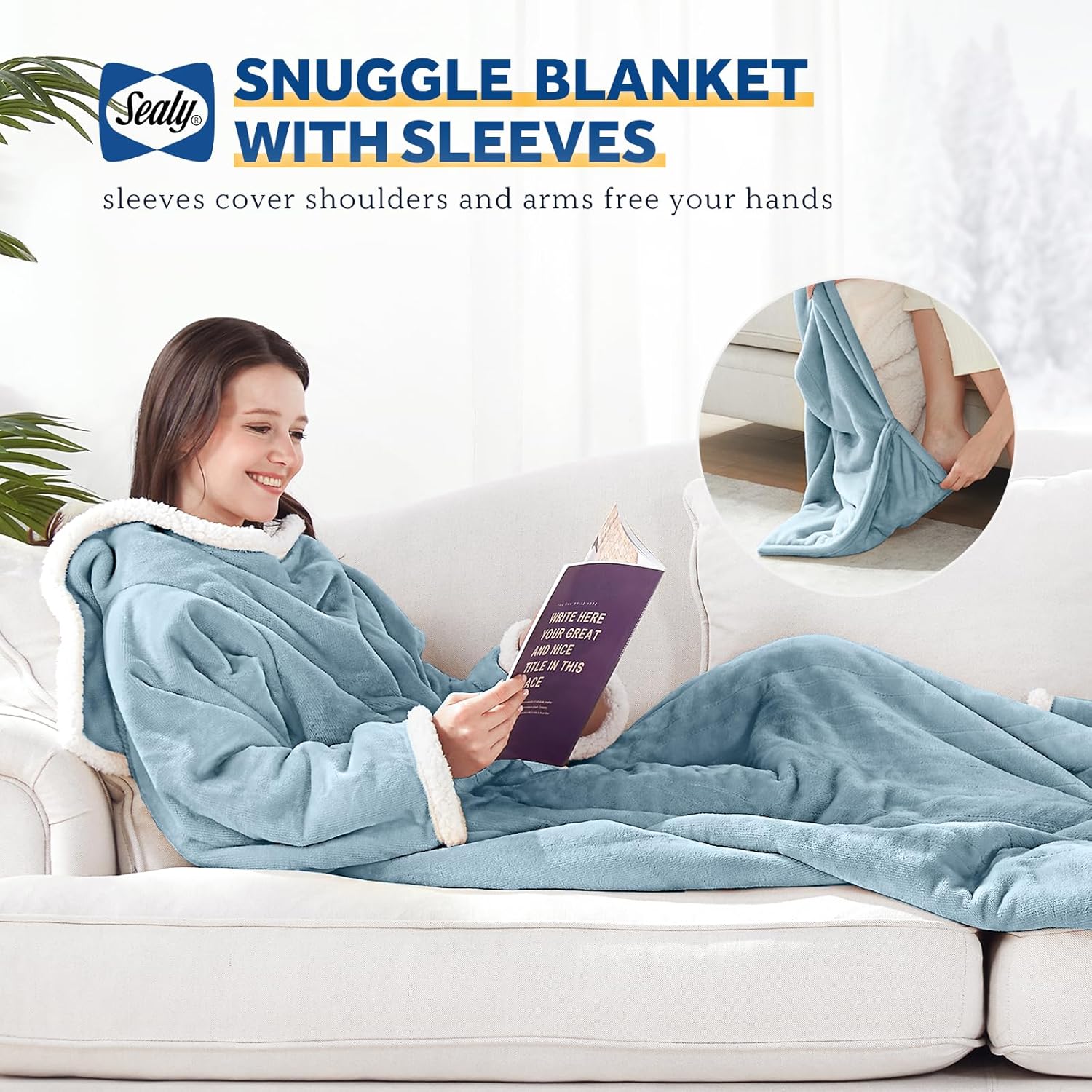 Sealy Electric Blanket Wearable with Foot Pocket, Electric Snuggle Blanket with Sleeves, Flannel & Sherpa Heating Throw with 6 Heat Settings & 2-10 Hours Auto Shut Off, 50 * 70"+18", Light Blue - Image 2