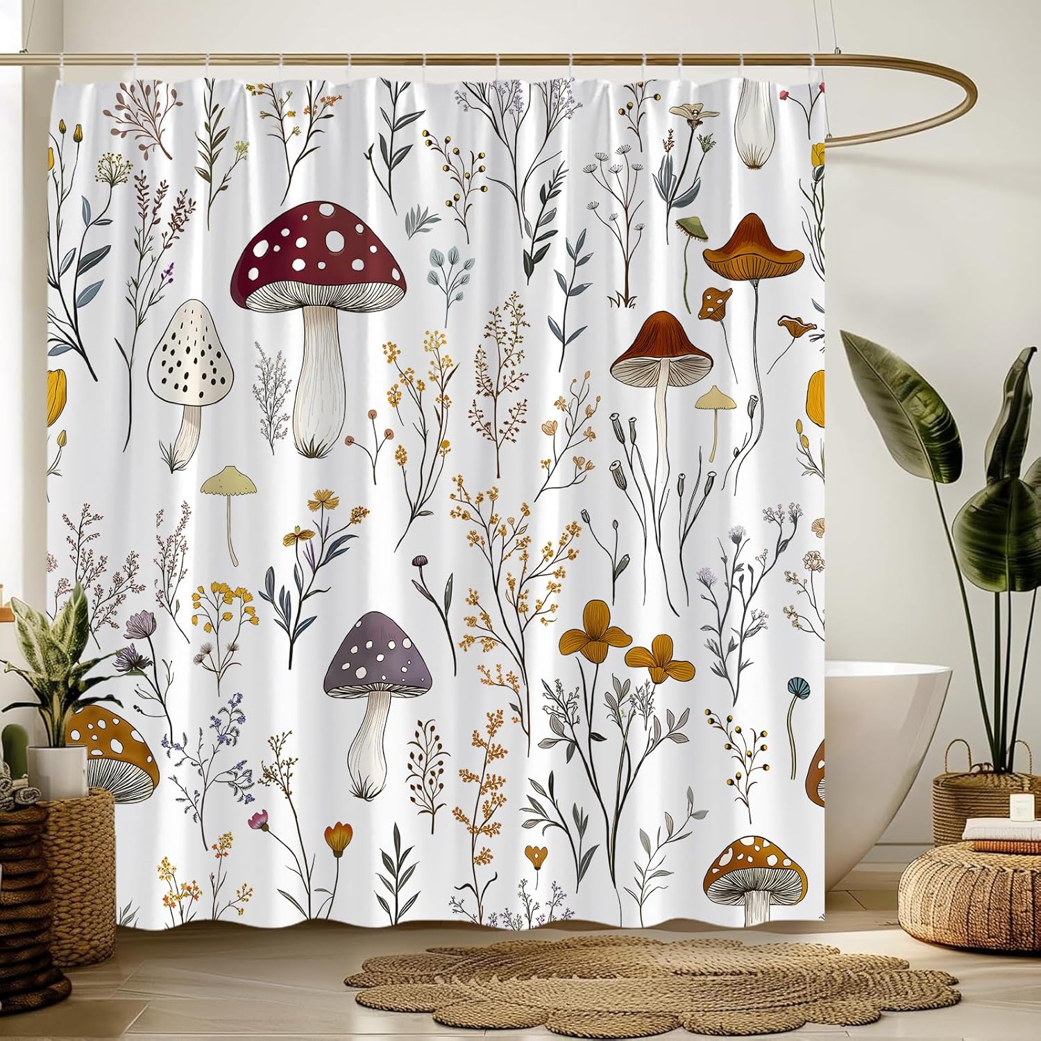 Mushroom Floral Extra Long Shower Curtain,Vintage Plant Flower Decor for Bathroom,Cute Botanical Fabric Curtain with Hooks,70x84 Inch