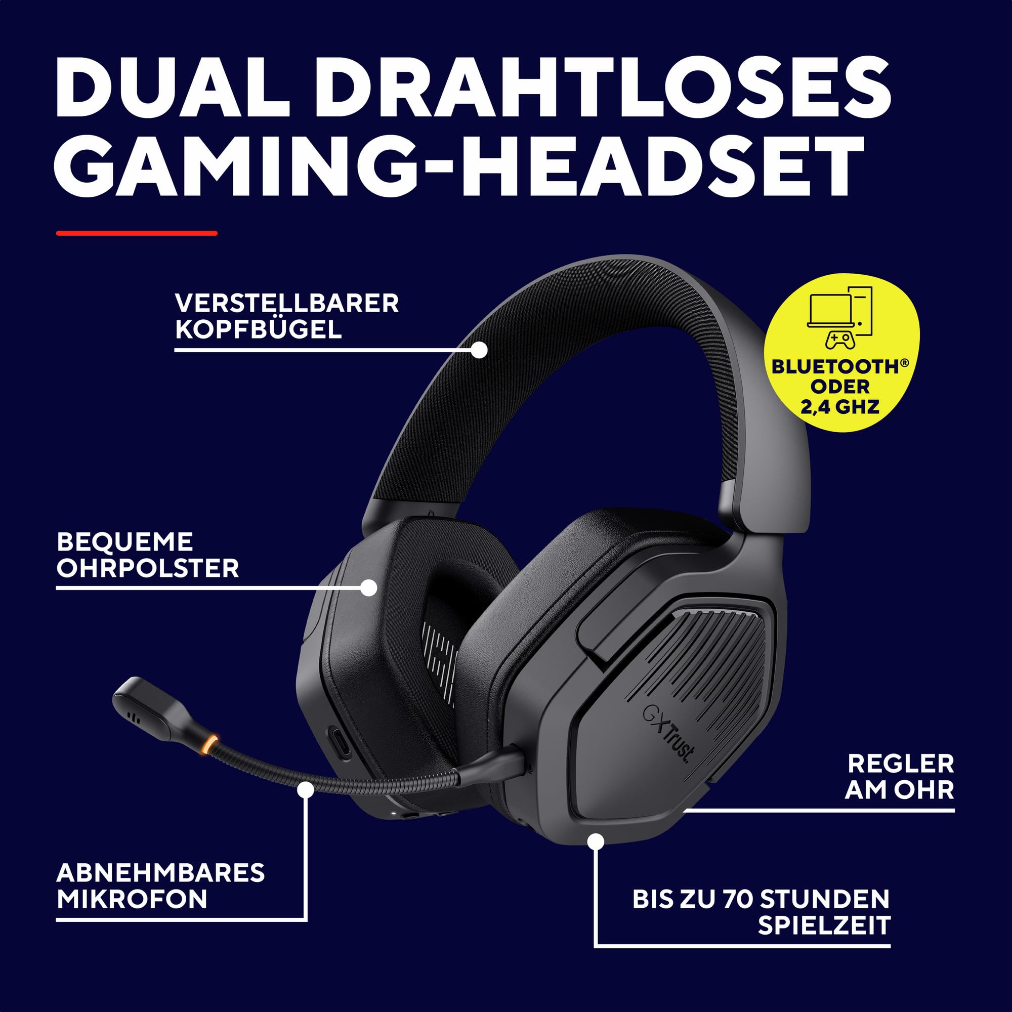 Trust GXT 1493 Ravox Gaming Headset Wireless Bluetooth + 2.4 GHz für PS5 PS4 Switch PC Xbox Mobile, 50mm Treiber, 70H Akkulaufzeit, Over-Ear Kopfhörer Kabellos Bluetooth mit Mikrofon, Schwarz