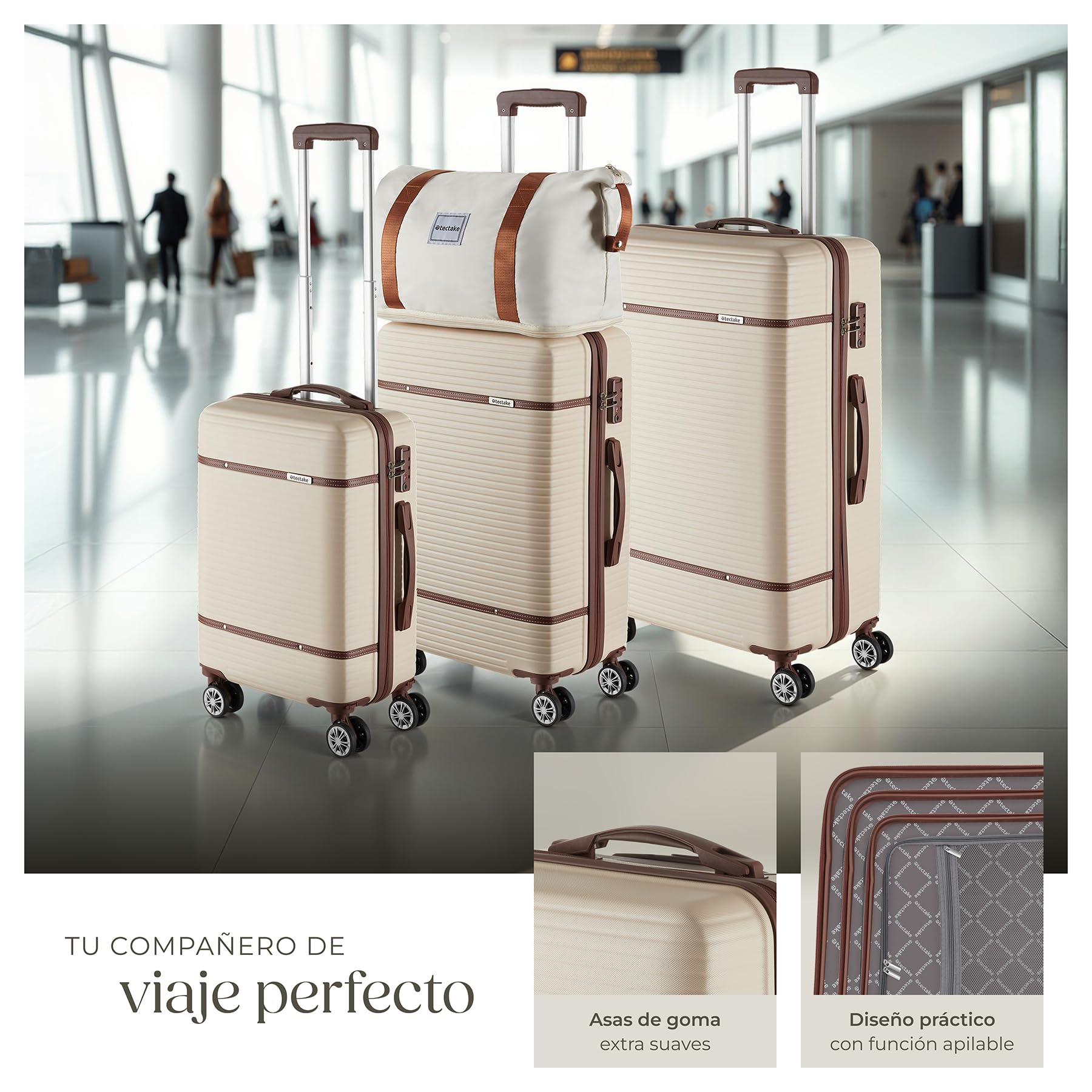 tectake® Juego de Maletas de 13 Piezas, Maleta Grande, Mediana y de Mano, Maletas de Viaje en ABS e Imitación Cuero, Cerradura TSA, Ruedas 360°, Set de Maletas Apilables, Accesorios Viaje - Crema