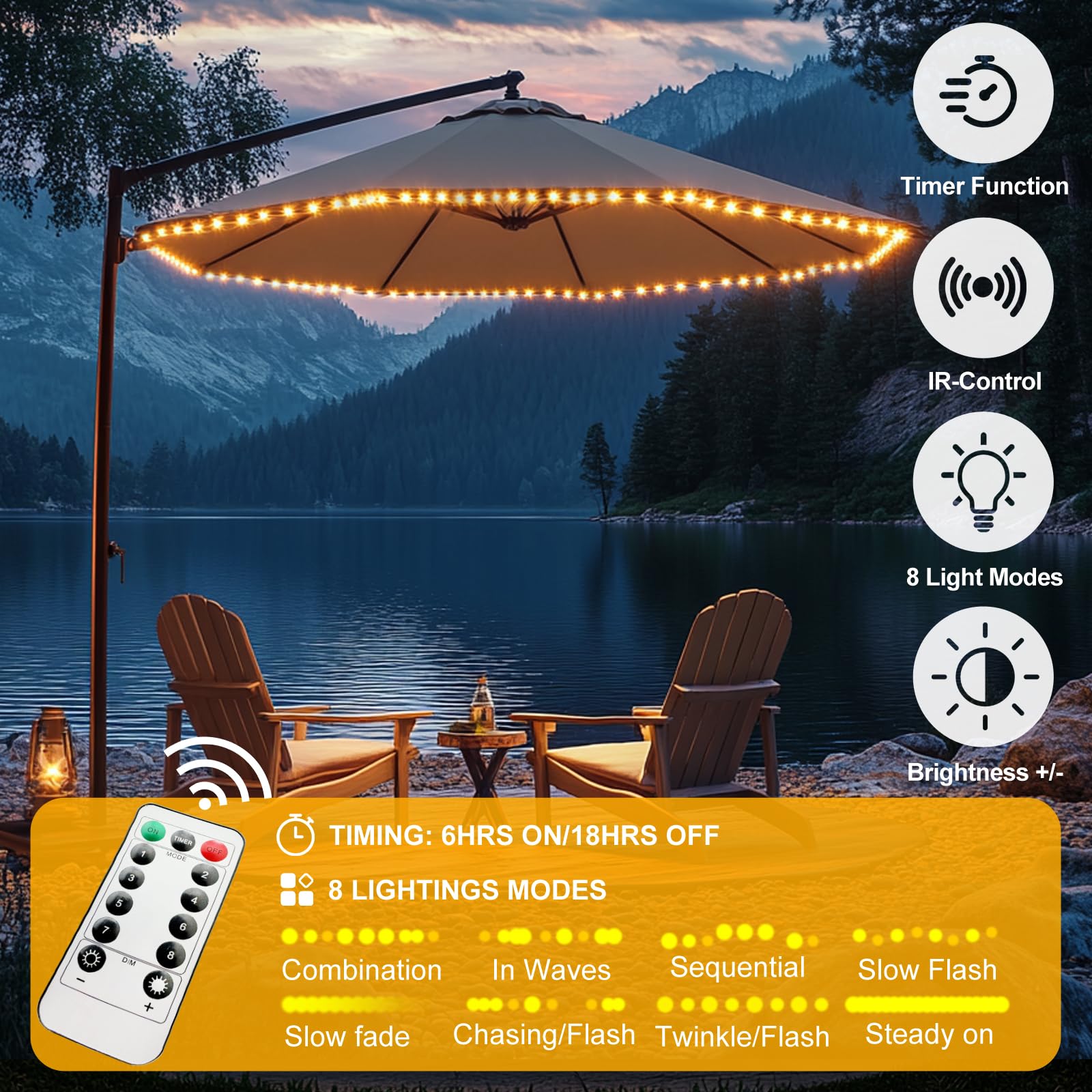 Luces LED inalámbricas para sombrilla de patio con control remoto, funciona con pilas, impermeable, se adapta a decoraciones de paraguas de 6 a 11 pies de diámetro (blanco cálido)