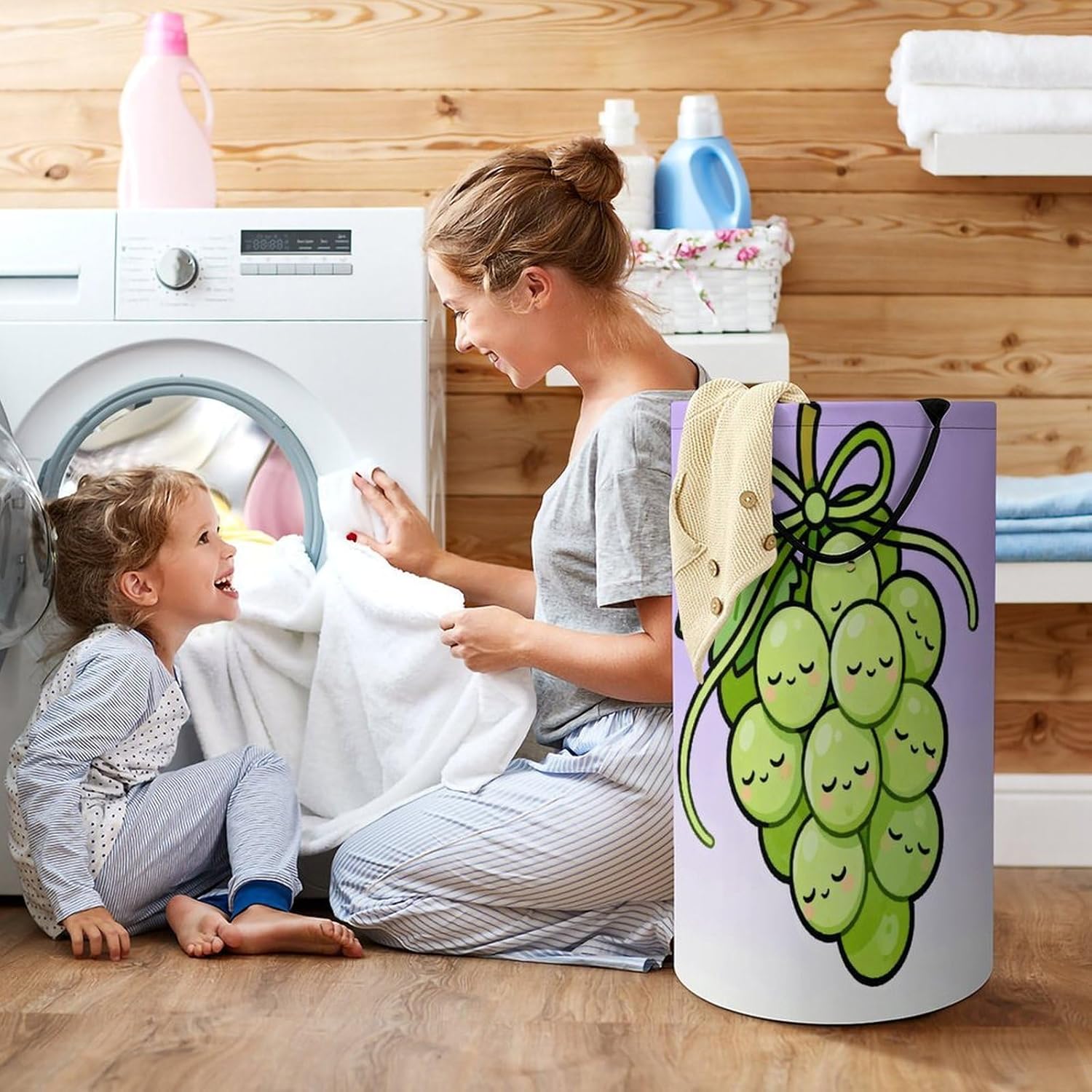 Green Fruit Vegetables Laundry Hamper with Handles Waterproof Collapsible Laundry Basket Large Lightweight Round Dirty Clothes Hamper for Home Dorm Bathroom Decor
