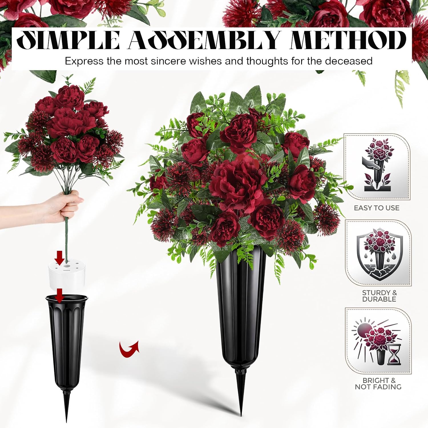 4 Set 8 Pcs Artificial Cemetery Peony Flowers with Vase for Grave Artificial Peony Bouquet Memorial Day Mother's Day Funeral Gravesite Flowers for Outdoor Cemetery Headstone Lawn Yard, Burgundy