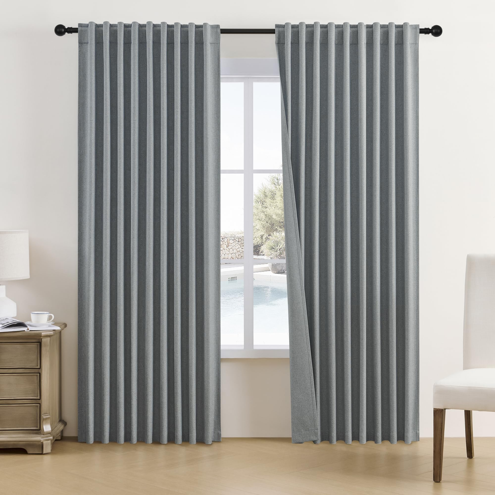 DUALIFE Grey Blackout Pleated Linen Curtains 96 Inches Long 8 ft Length for Patio Sliding Door Living Room (Back Tab/Rod Pocket/Hook Belt,72 Wide x 96
