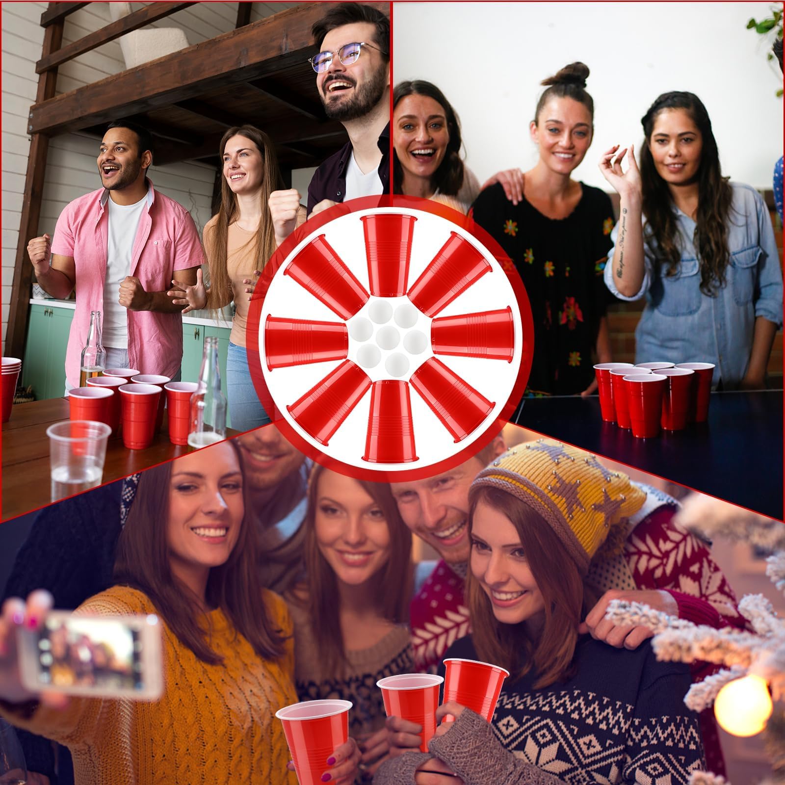 Set di Bicchieri da Birra Pong, 50 Bicchieri Beer Pong(500ml) e 6 Palline da P ing Pong, Bicchieri riutilizzabili, per Giochi di bevute, Feste, Compleanni, Festival, Matrimoni, Campeggio(Rosso)