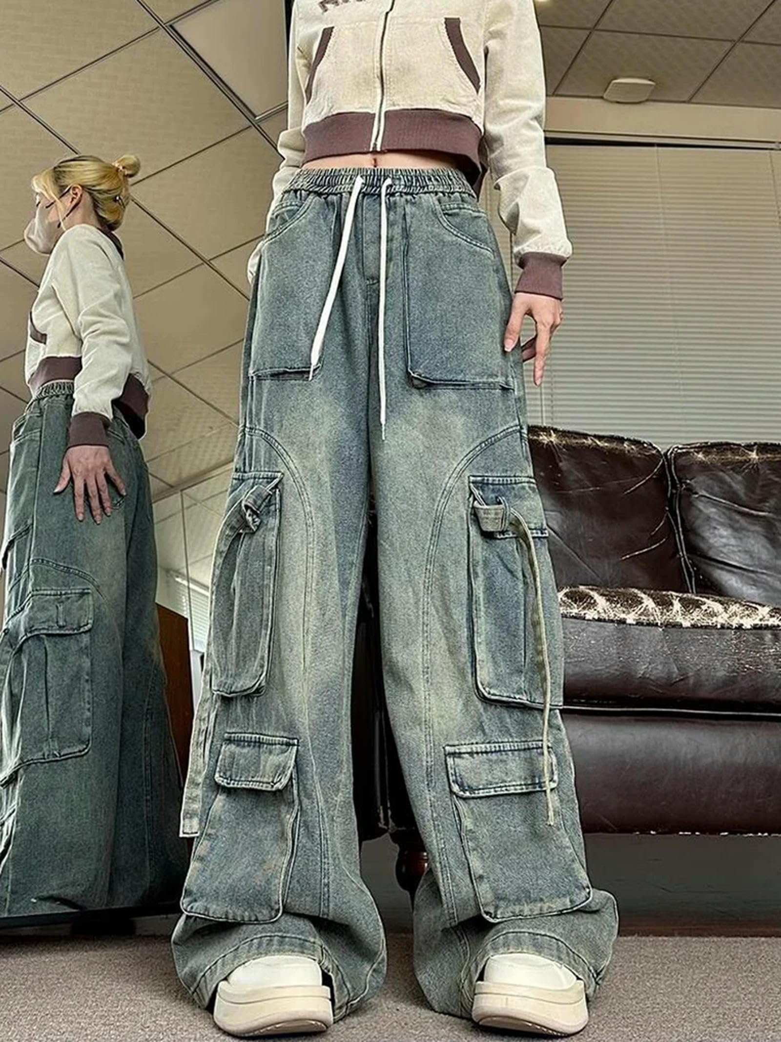 Japanische Mode Jeans 2000er Jahre Ästhetische Vintage Baggy Wide Leg Cargo Denim Hosen Y2k