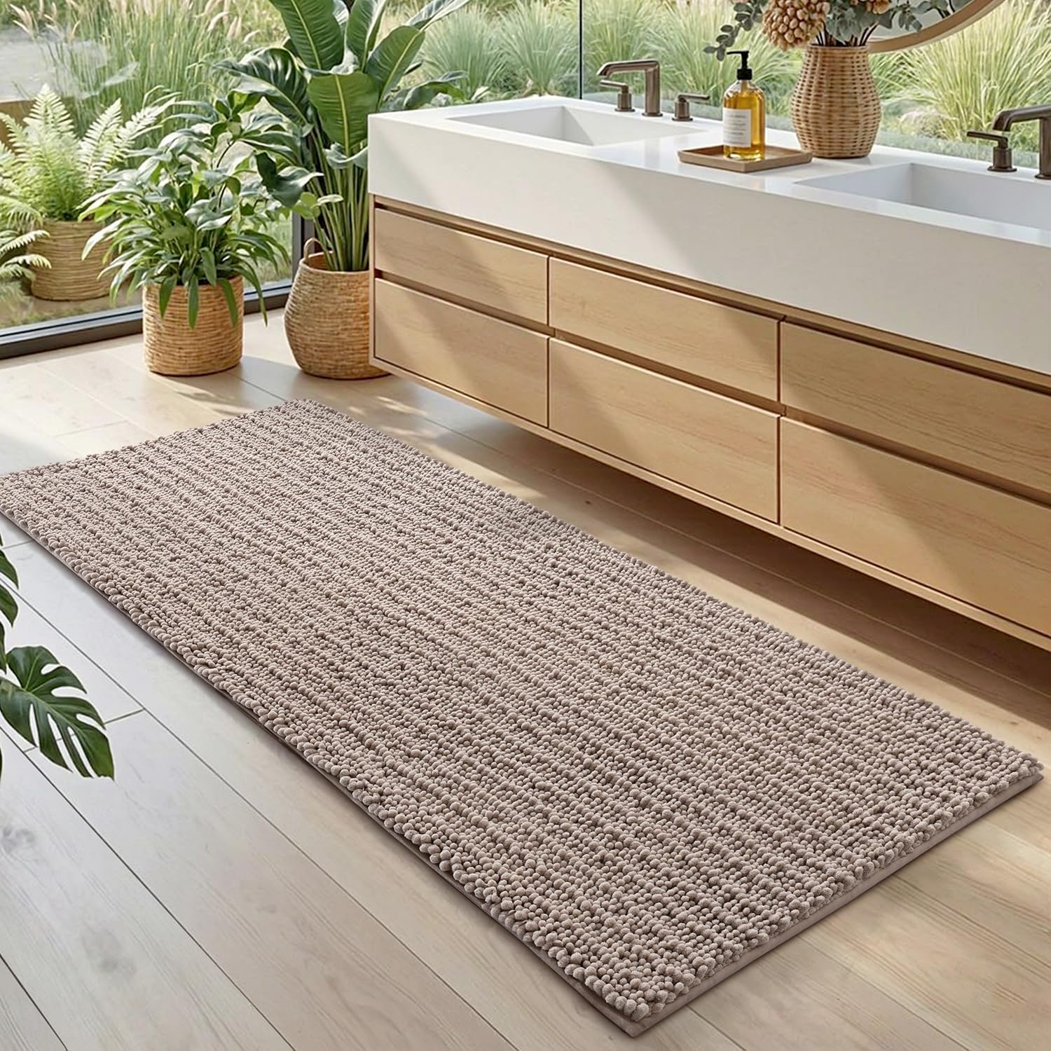 DEXI Bathroom Rugs 24x60, Super Soft Thick Chenille Absorbent Bath Mat, Non Slip Machine Washable Fluffy Shag Bathmat for Tub, Shower Floor, Dark Beige