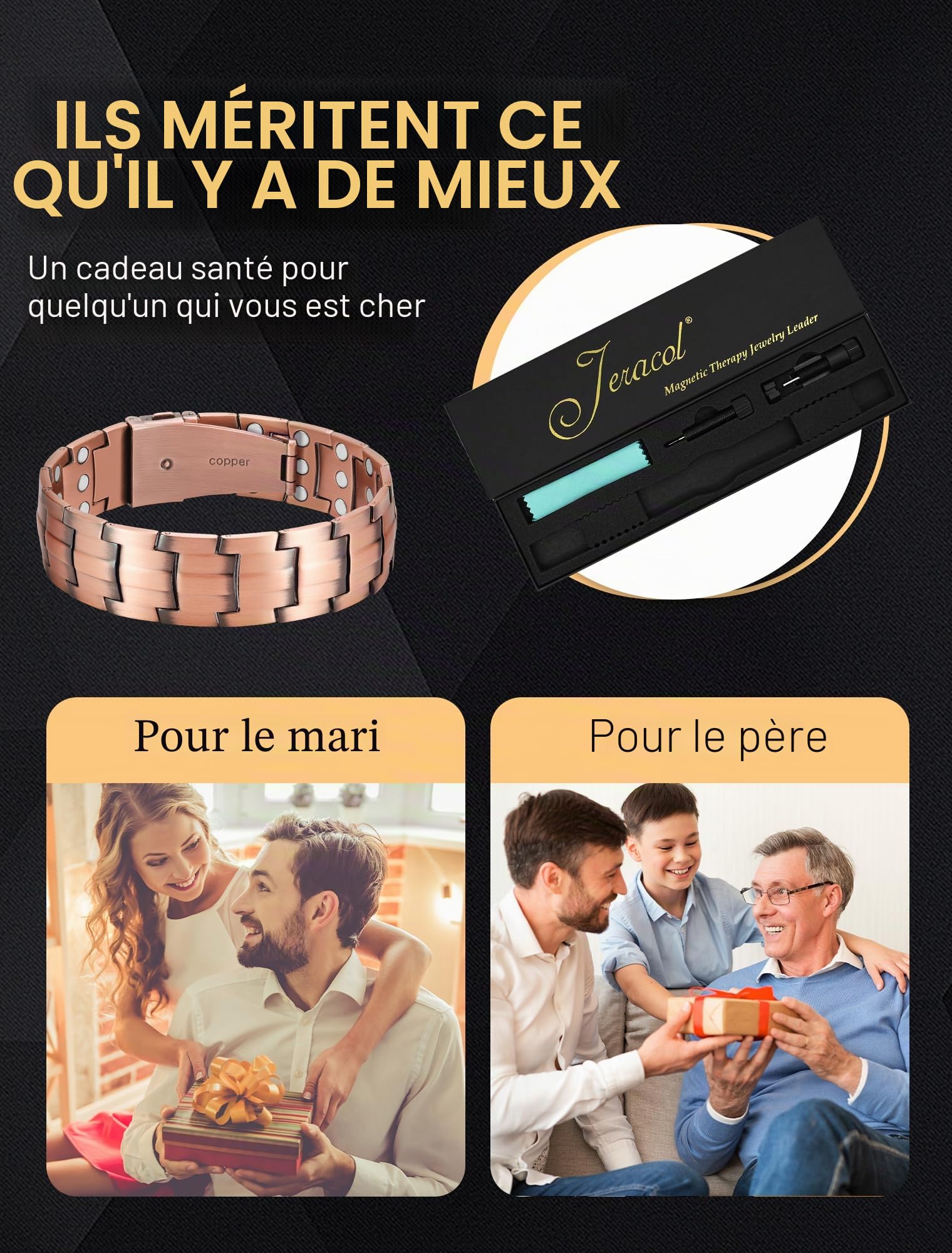 Jeracol Bracelet magnétique pour homme avec aimants de 3500 gauss, outil de retrait de maillons et coffret cadeau