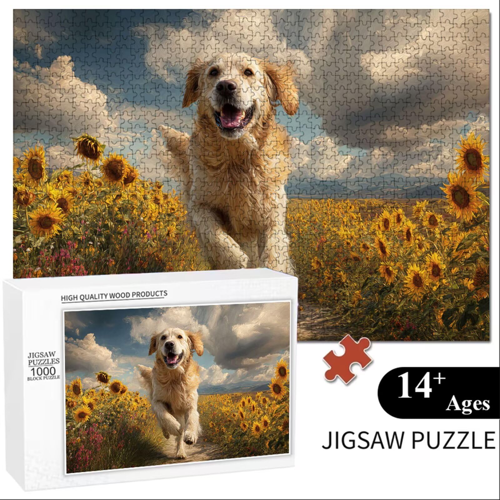 Puzzle 2000 elementów - pies i słonecznik - trwałe drewniane puzzle z literami z tyłu - 75 x 105 cm - Kreatywne hobby bez kurzu - artykuły kolekcjonerskie i 14 lat w ponad P3#343