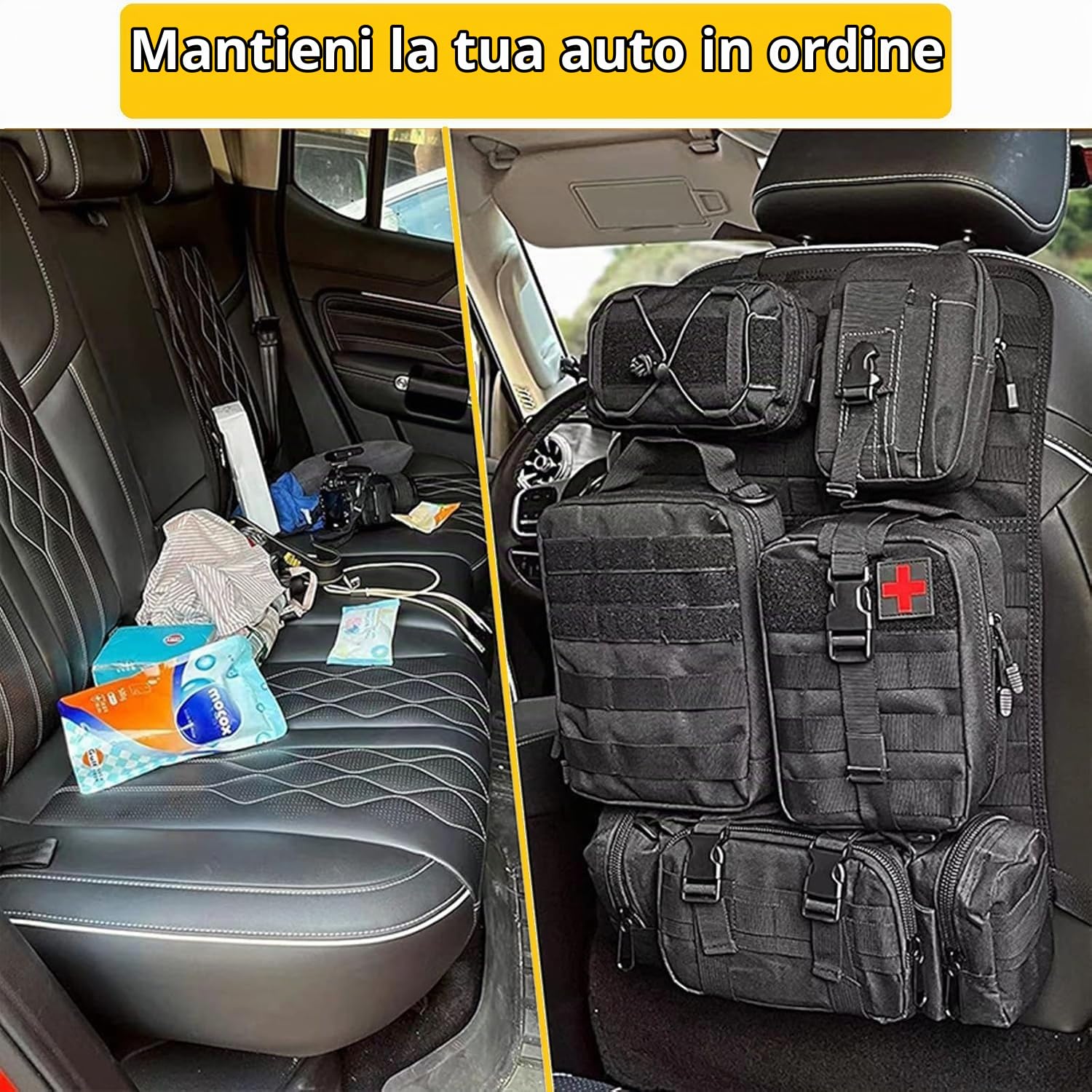 Organizer tattico per sedile posteriore, borsa portaoggetti tattica con pannello Molle per veicoli con 5 tasche staccabili, organizer per pannelli tattici per veicoli adatti a tutti i veicoli