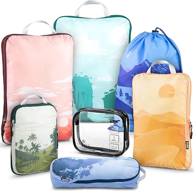 TRIPPED Travel Gear Large Packing Cubes for Travel-Extra Large Compression Packing Cube Luggage Organizers 7 Piece Set-Ultralight, Expandable/Compression Bags for Clothes (Landscape), XL
