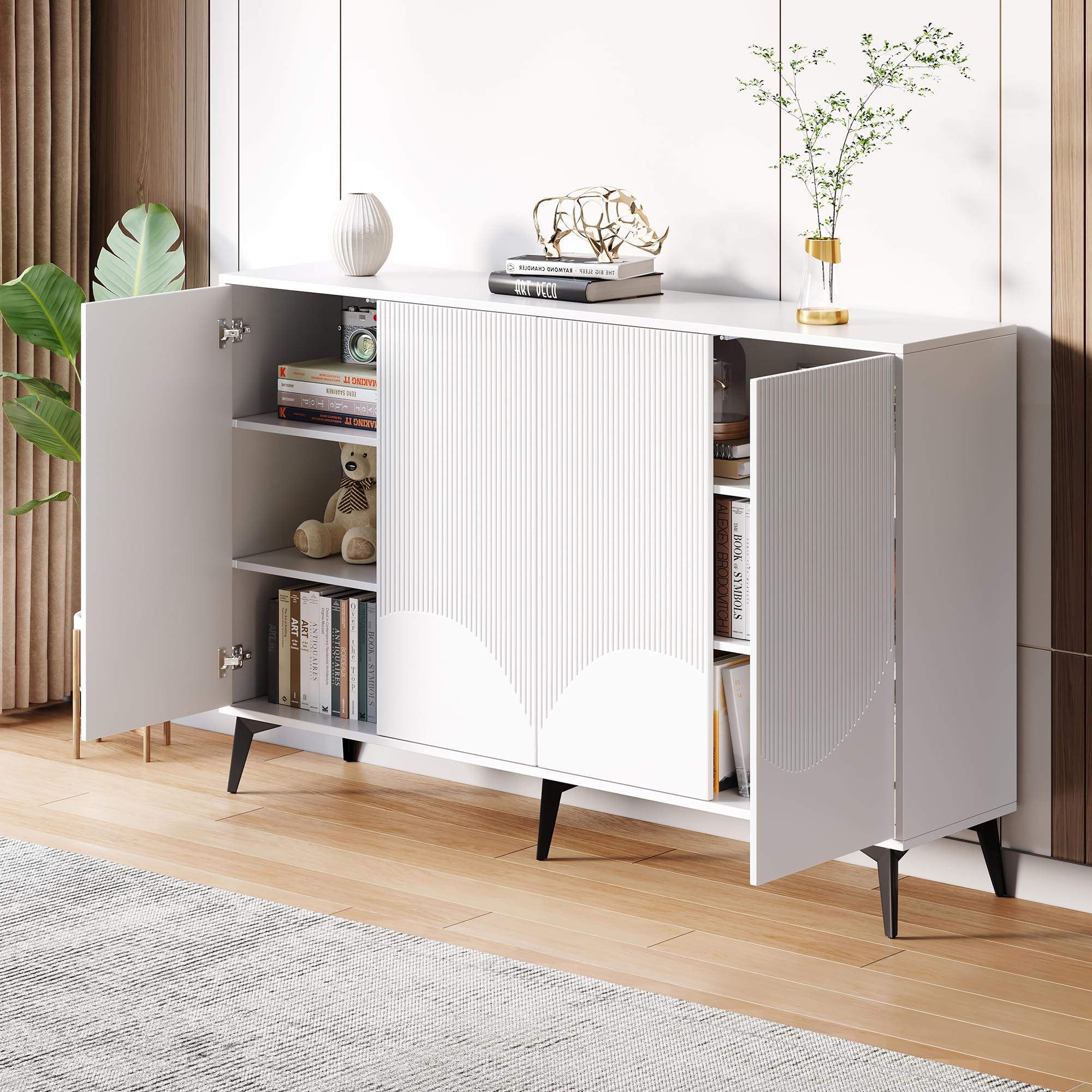 Weiß Sideboard Breite 160 cm, Multifunktionales Sideboard,Kommode, Highboard mit verstellbaren Einlegeböden, 4 Türen, Metallbeine