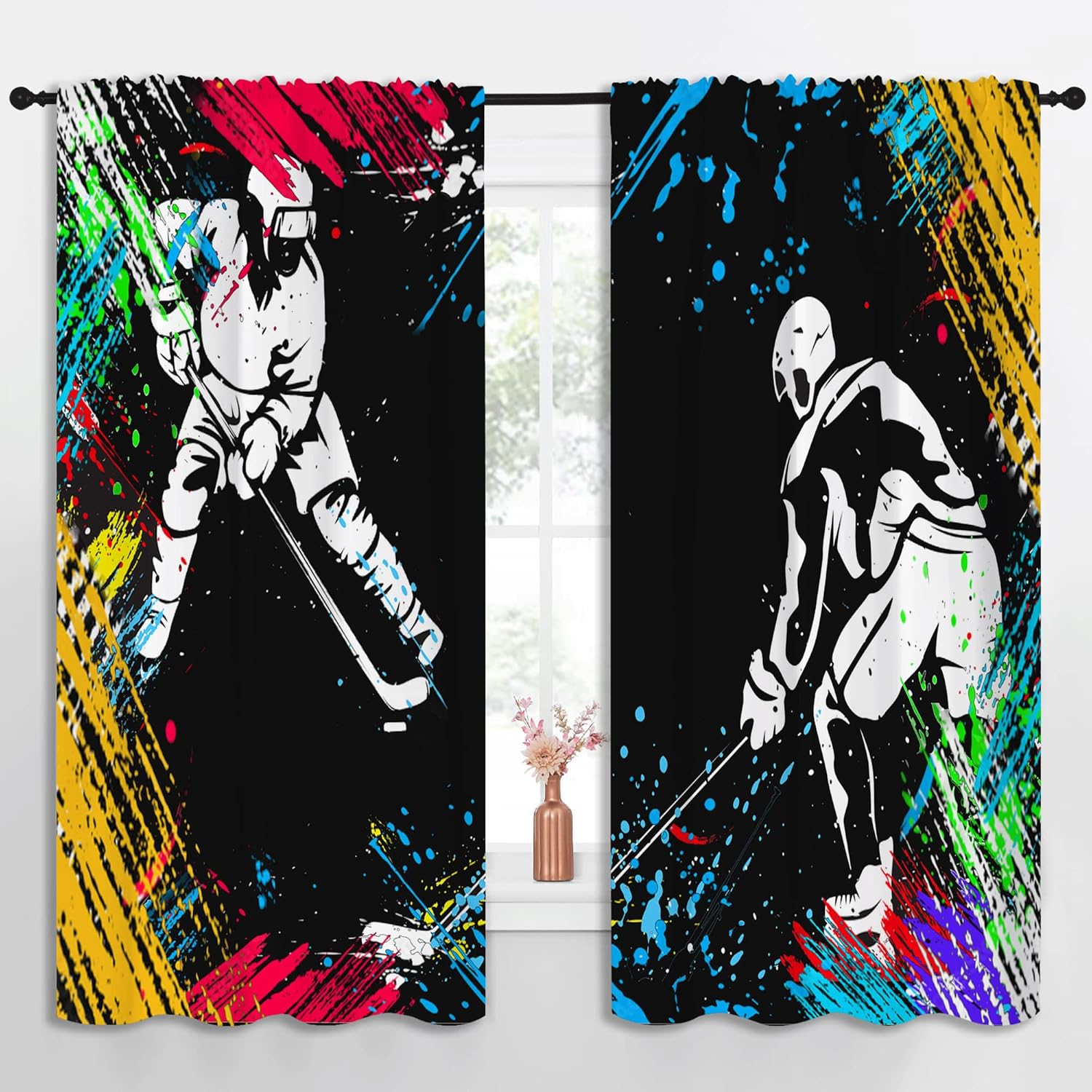 Hockey Player Rod Pocket Blackout Curtains for Boy Girl Bedroom, Sports Abstract Art Watercolor Splashing Style Light Filtering Window Drapes for Living Room Darkening, 63x63 inch