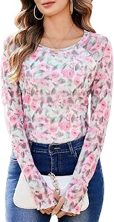 Women Floral Mesh Long Sleeve Top Crewneck Double Lined Fitted Basic Shirts with Thumb Holes Going Out Tops