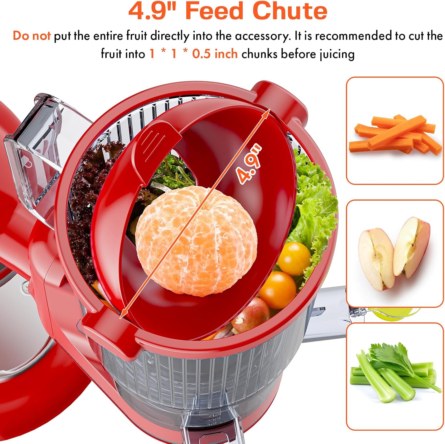 Juicer Attachment for Kitchen Aid, Cold Press Slow Juicer with 4.9" Large Feed Chute for Whole Fruits & Vegetables, Includes 2 * 1L Measuring Cups for Kitchen Aid Accessories and Attachments, Red