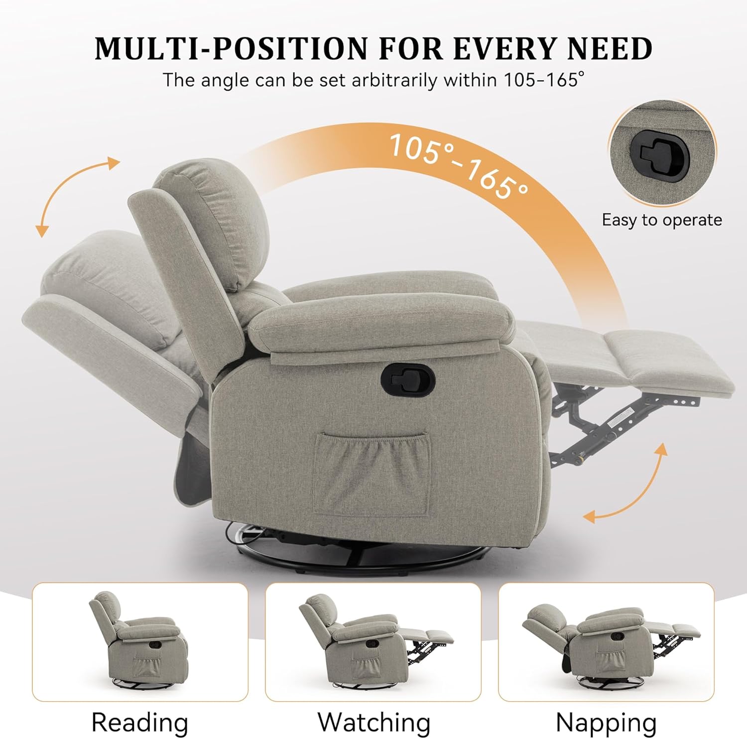 Korser Recliner Chair, 360 Swivel Rocker Chair for Adults, Small Rocking Recliner for Small Spaces, Upholstered Fabric Glider Recliner Nursery (Swivel Rocker Recliner, Light Khaki) thumbnail