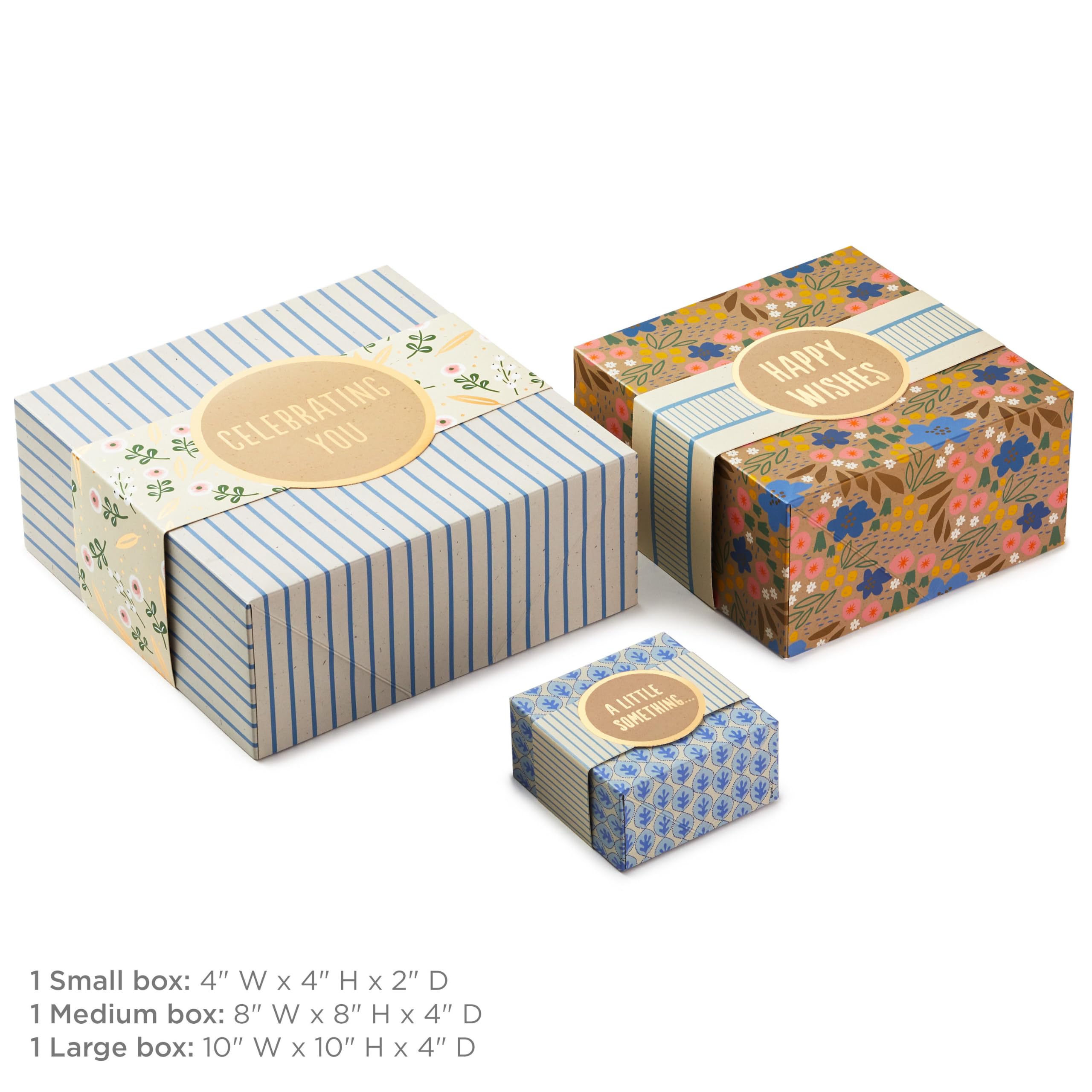 Hallmark Geschenkboxen mit Wickelbändern, verschiedene Größen (3er-Pack: niedliche Blumen und Streifen) für Geburtstage, Brautpartys, Muttertag, beste Freunde