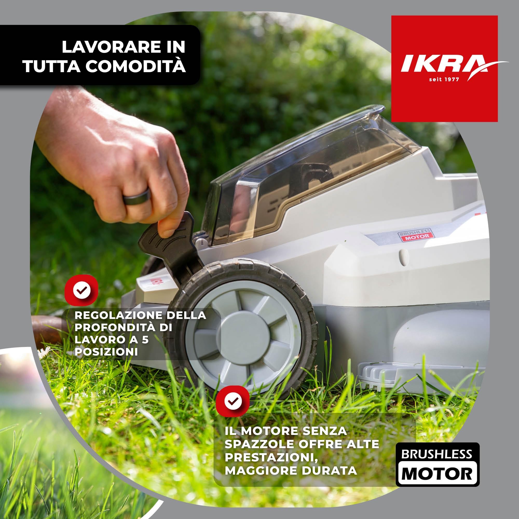 IKRA tosaerba ICM 2033, 33 cm, con 2 batterie da 20 V e caricabatterie | Altezza di taglio 25-75 mm, tosaerba mulching per prati fino a 150 m², sacco di raccolta da 30 l, batteria 20 V di IKRA