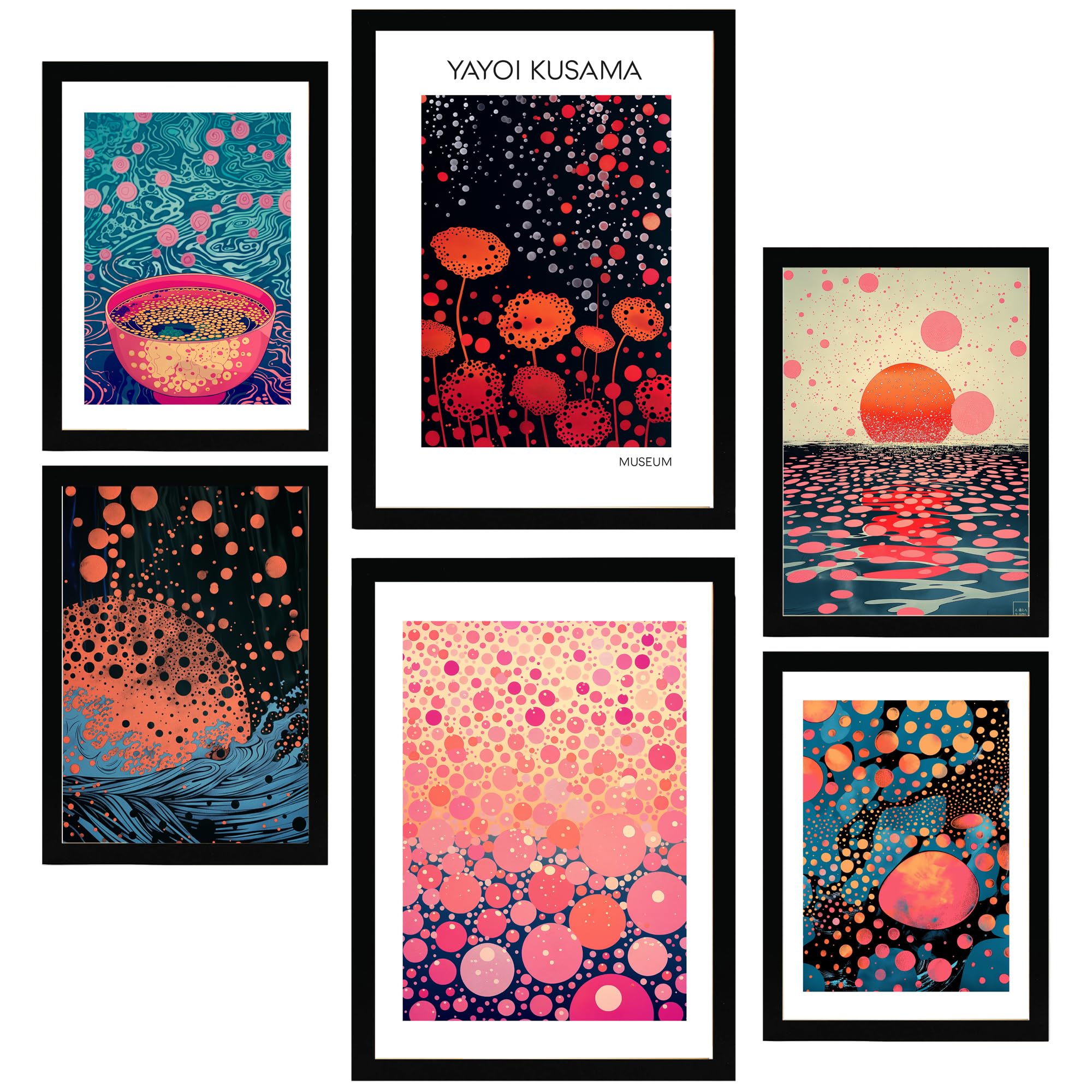Nacnic Set of 6 Yayoi Kusama Wave And Ramen Japanise Framed prints with design illustration to decorate walls of home. Room, office, shop, business. A3 and A4 size Black Frame