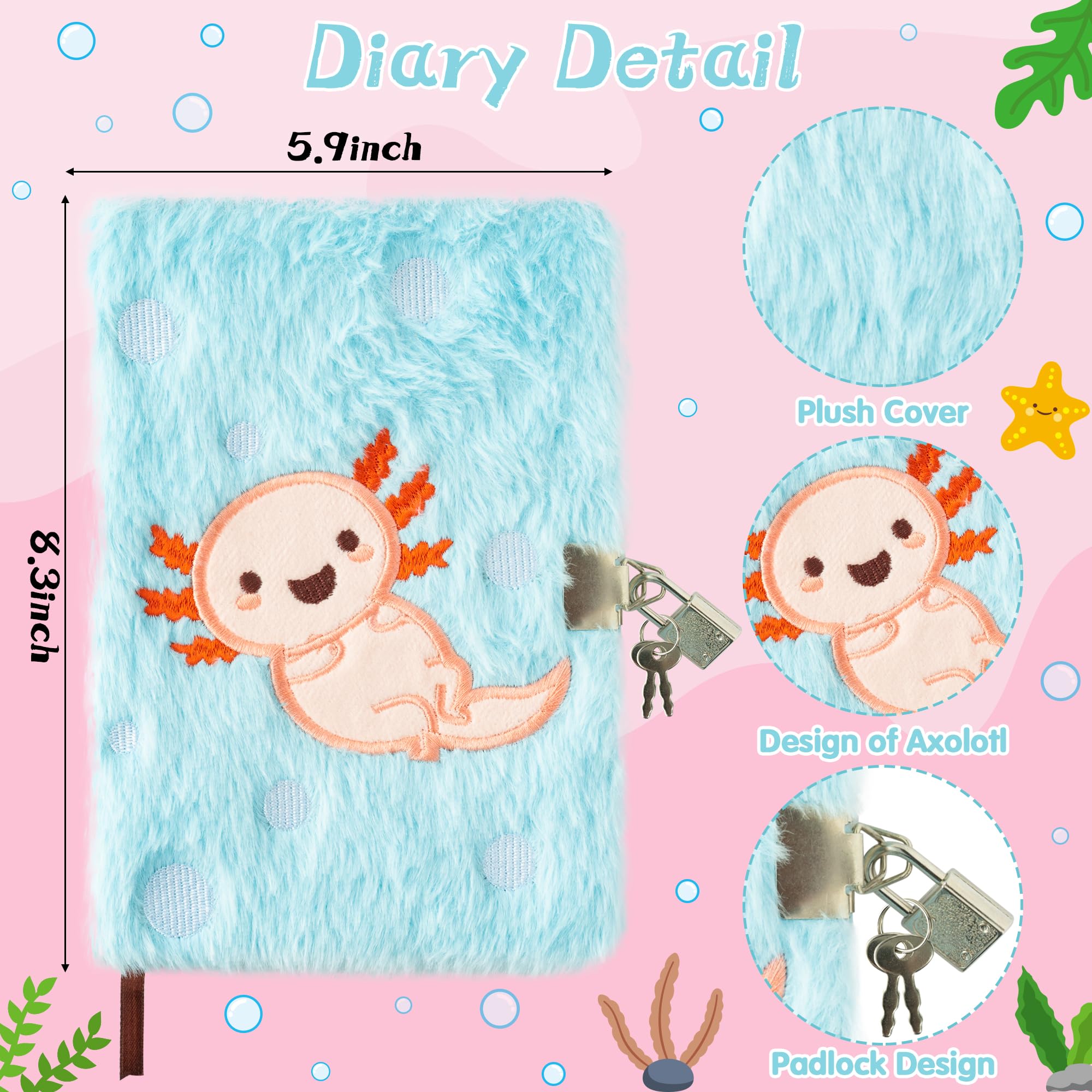 CY2SIDE 6 piezas de diario de ajolote con cerradura y llaves para niños, cuaderno de diario secreto de peluche de ajolote con bolsa para monedas, pegatinas de bolígrafo y juguete de apretar, idea para