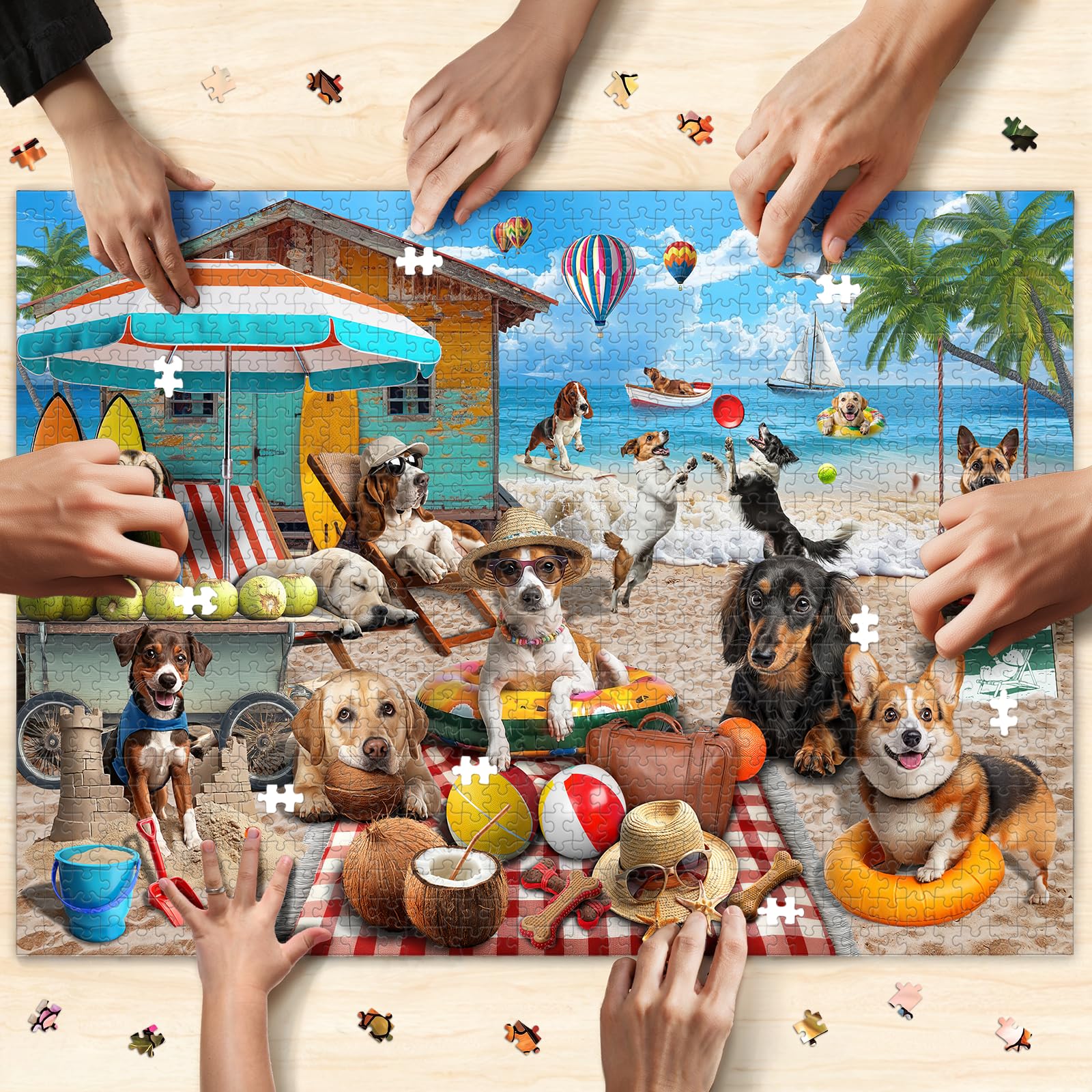 1000 puzzli dla dorosłych – scena wakacyjna dla psów plażowych z chatą kokosową, balonami na gorące powietrze i zabawnymi detalami, zabawna i wymagająca układanka firmy Naturelish, 68 x 49