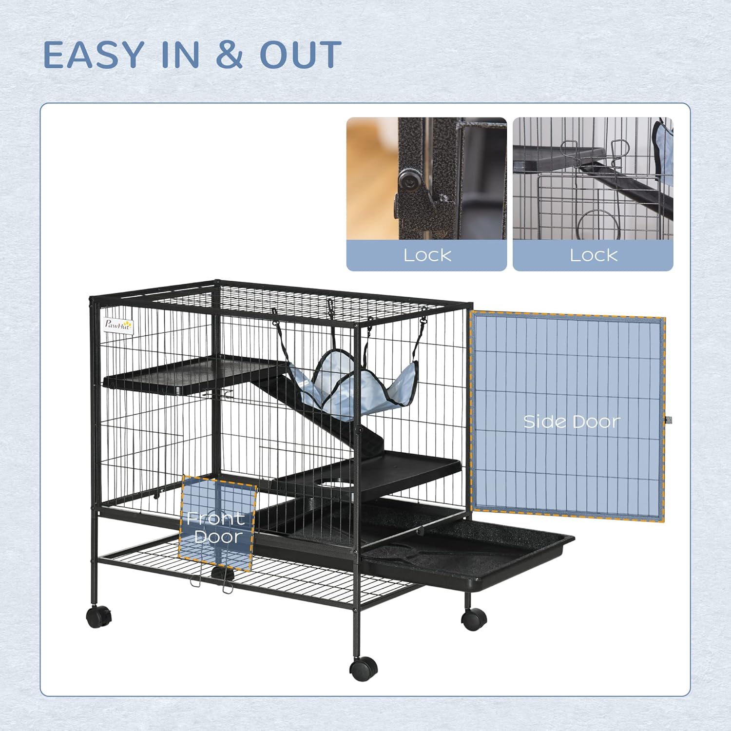PawHut Small Animal Cage with Wheels, Pet Playpen for Syrian Hamster, Cat, Ferrets, Chinchillas with Bottom Storage Shelf, Removable Tray, Ramp, 31.5" x 20.5" x 33.1"