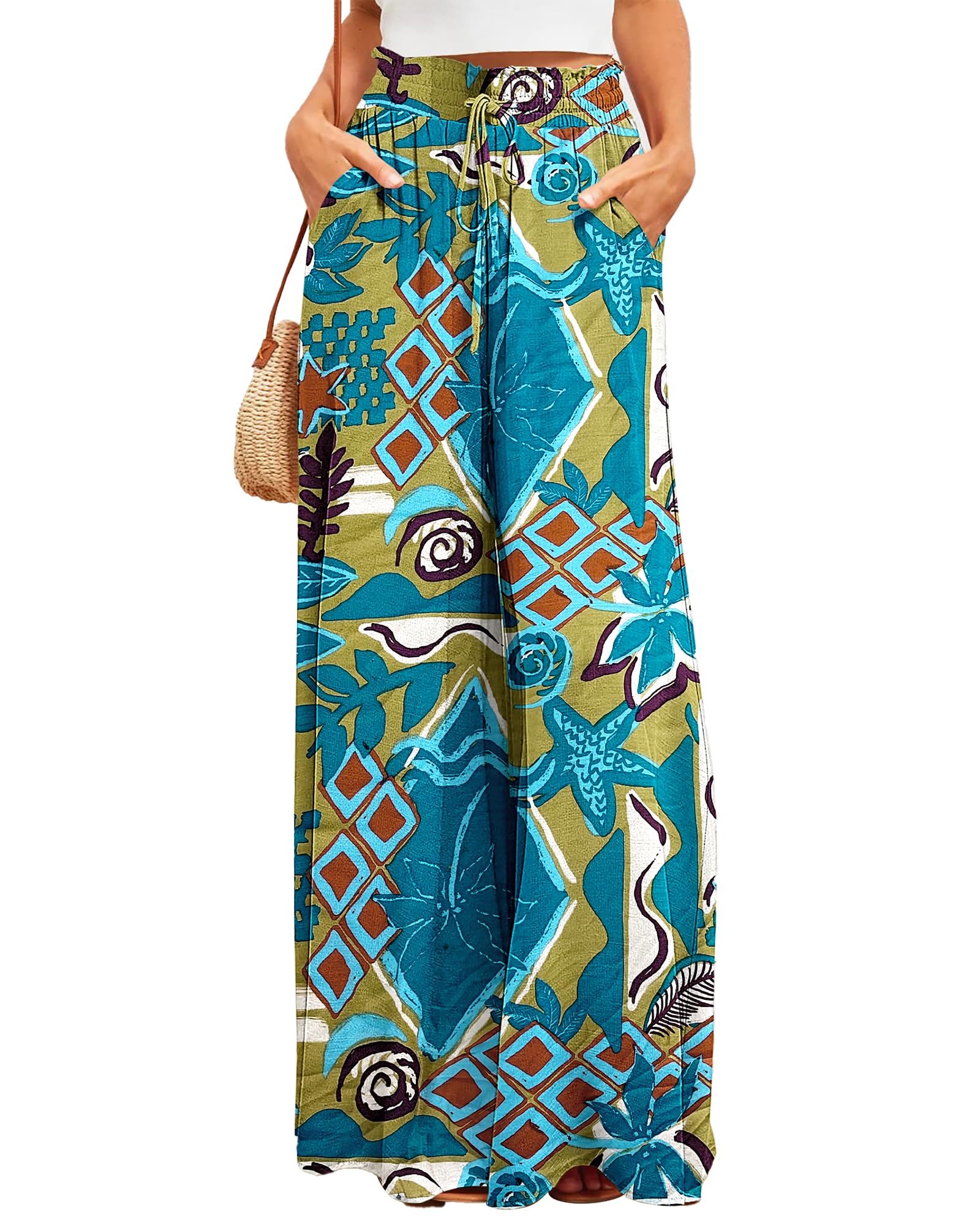 Bsubseach 2026 Womens Beach Wide Leg Pants Summer Floral Elastic Waist Pant Palazzo Dressy Boho Flowy with Pockets
