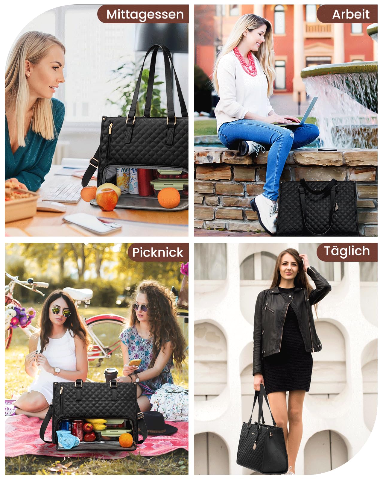 LOVEVOOK Laptoptasche Damen mit Isolierted Lunch-Fach, 15,6 Zoll Laptop Handtasche, Arbeitstasche Lehrertasche Groß, Lunchtasche Aktentasche Leder, Schultertasche für Schule Büro Uni