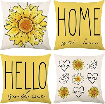 Sunflower Pillow Covers 18x18 Set of 4, Floral Throw Pillow Cases, Square Pillow Covers, Cushion Covers, Flower Pillowcases for Living Room, Sofa