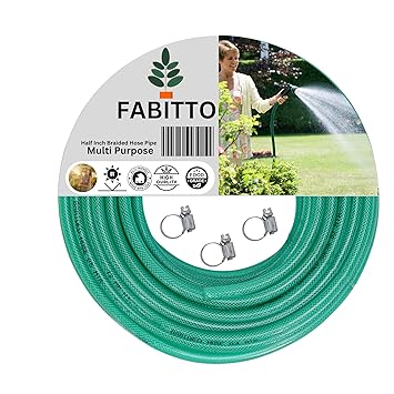 FABITTO Garden Heavy-Duty Braided Hose Pipe with 3 Clamps for Watering Home Garden, Car Washing, Floor Cleaning & Pet Bathing, Green (3/4 INCH HOSE PIPE, 30 Meters)