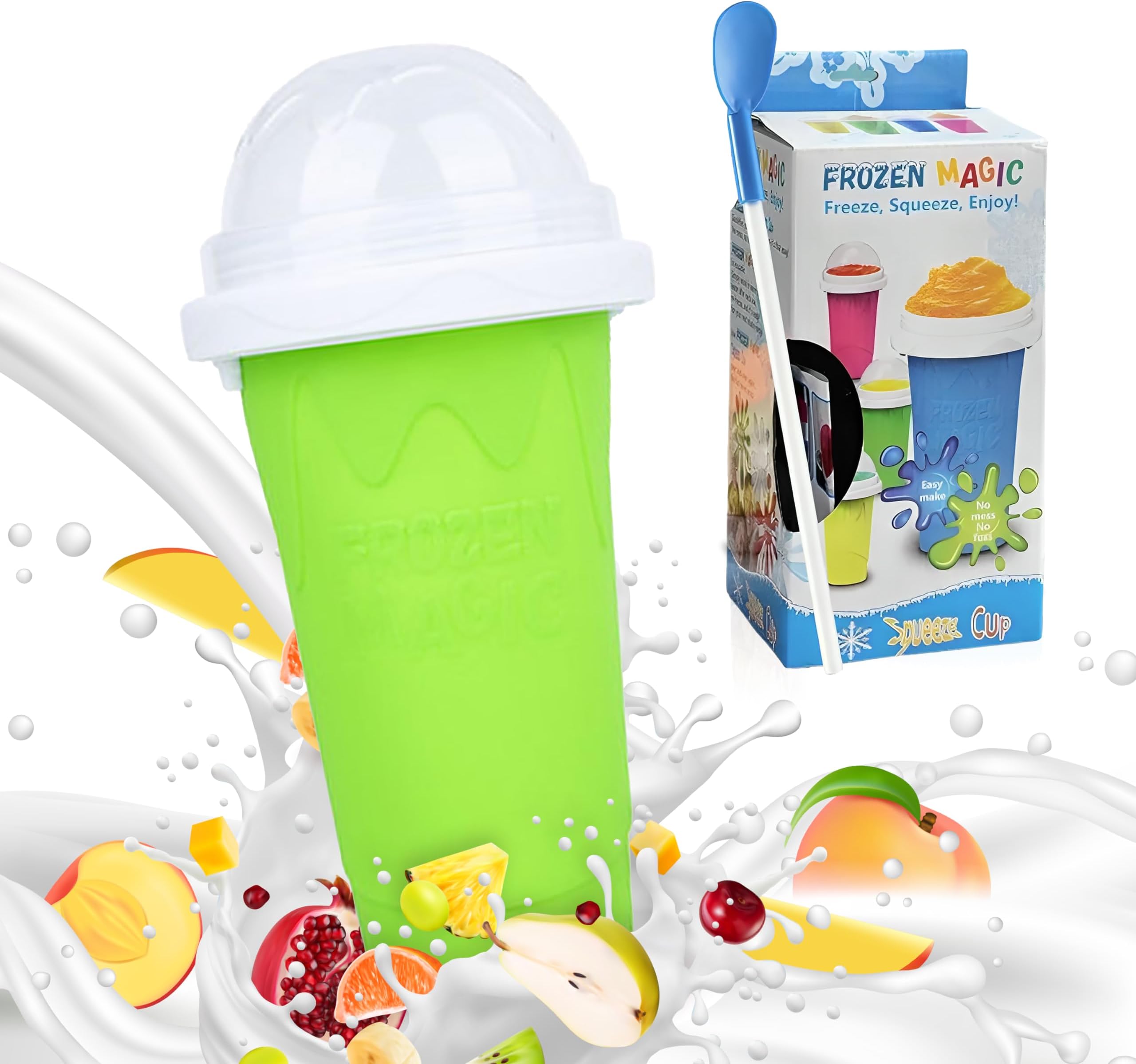 Slushy Maker Cup, Quick Frozen Magic Smoothie Cup for Ice Cream Make your Day Cool, Portable Squeeze Ice Cup, Slushies Maker Cup with Spoon and Straw (Green)
