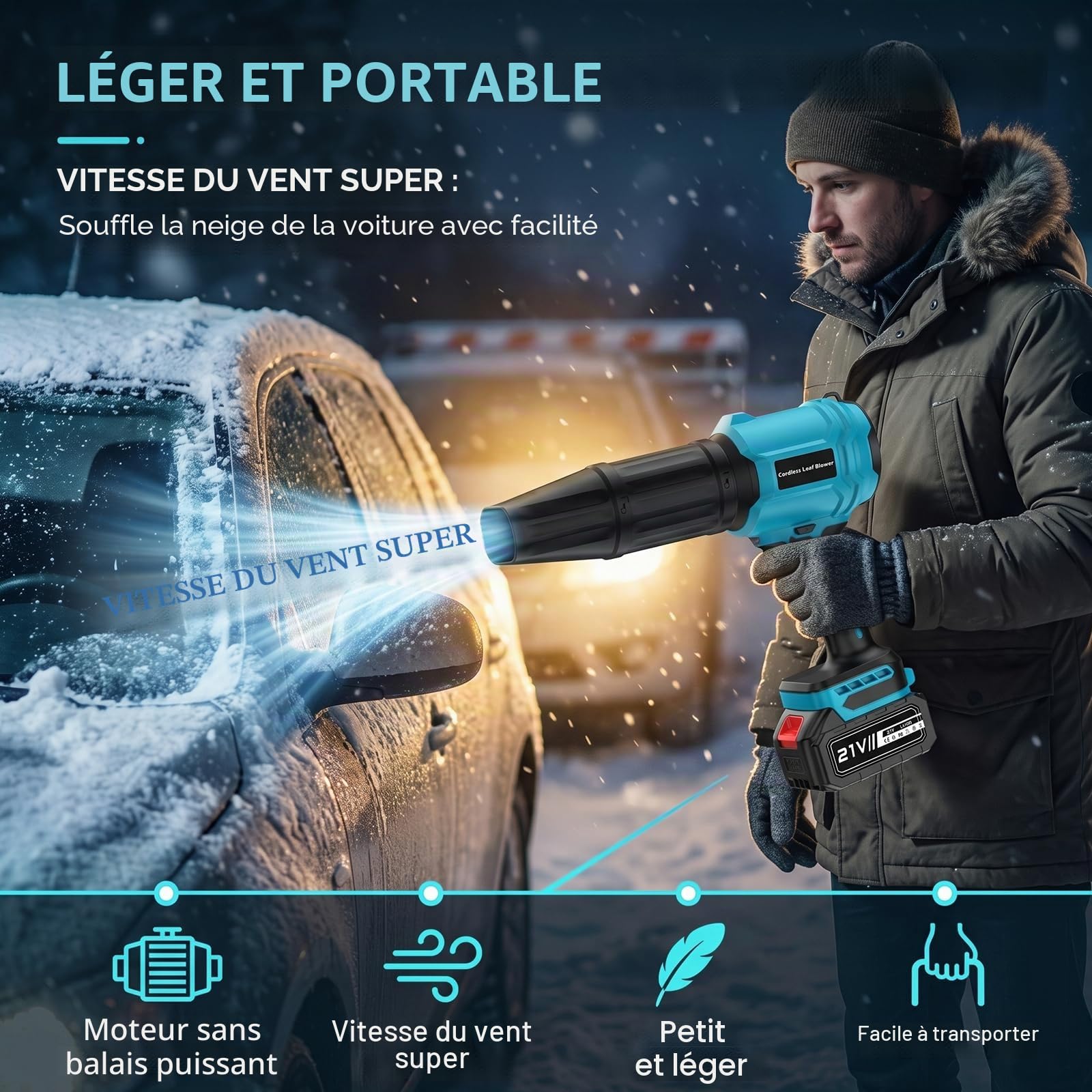 Souffleur Batterie avec 2 Batteries 4,0 Ah, 21V Souffleur de Feuilles sans Fil 65 m/s, Moteur Brushless 800,000 TR/Min, 2 Buses, Réglage Variable, pour Jardin, Terrasse, Voiture (Bleu)