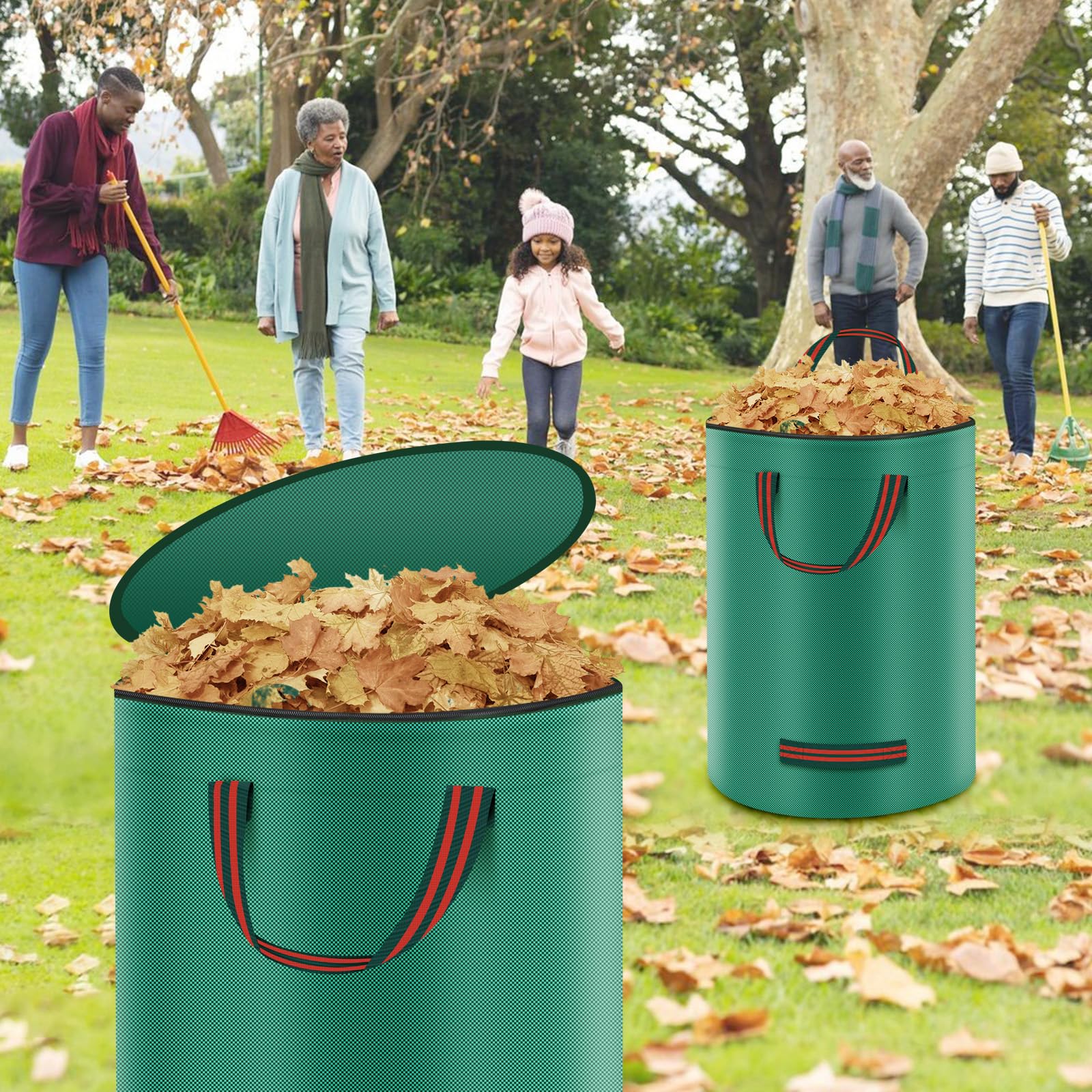 3 sacchi per rifiuti da giardino da 272 l, stabili con coperchio e guanti inclusi – Sacco da giardino grande, resistente agli strappi e impermeabile, riutilizzabile e pieghevole per taglio